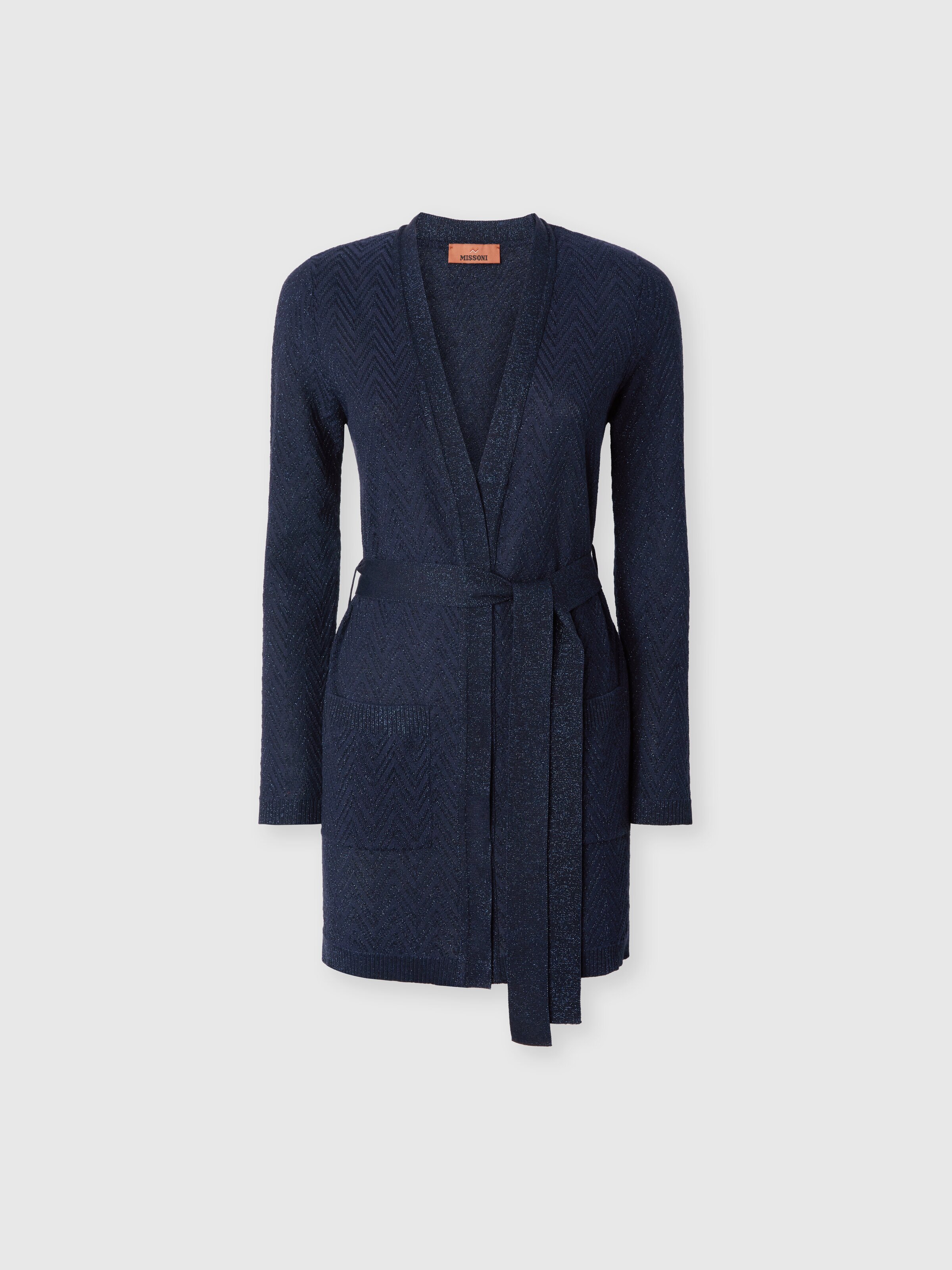 Chevron pattern belted cardigan, Blue - 0