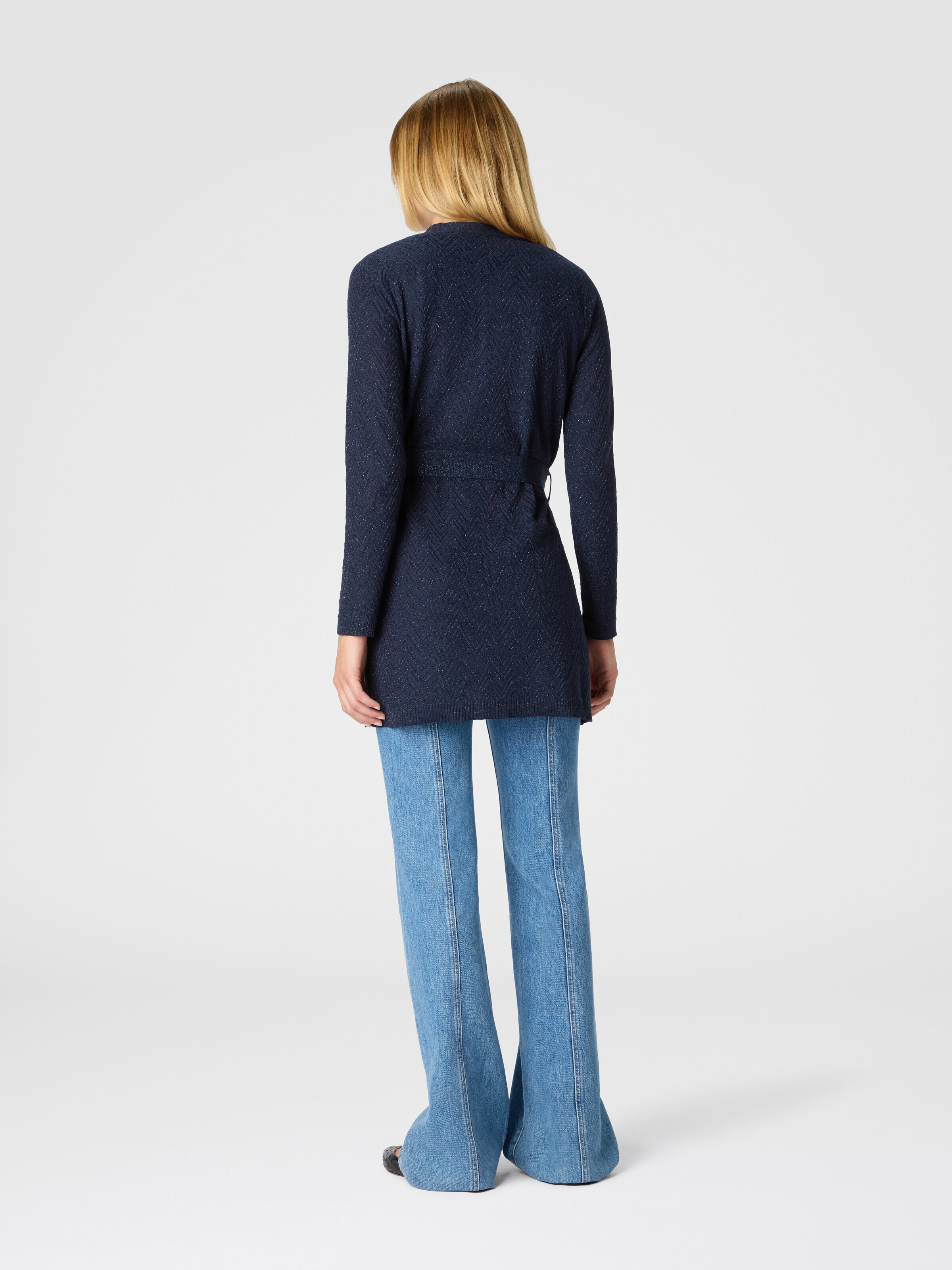 Chevron pattern belted cardigan, Blue - 2