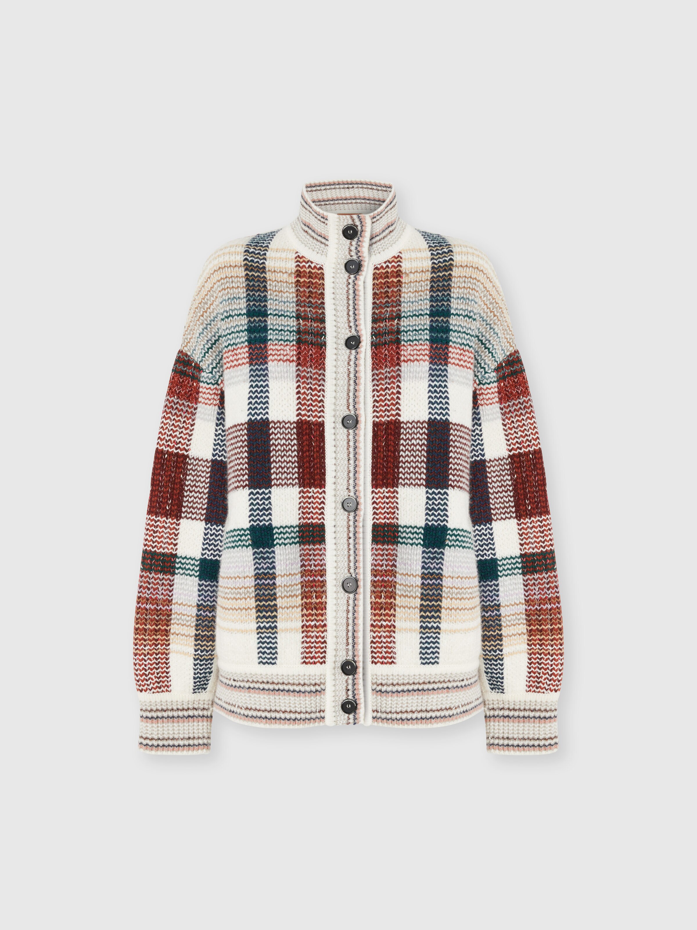 Oversized buttoned cardigan with check pattern, White & Burgundy - 0