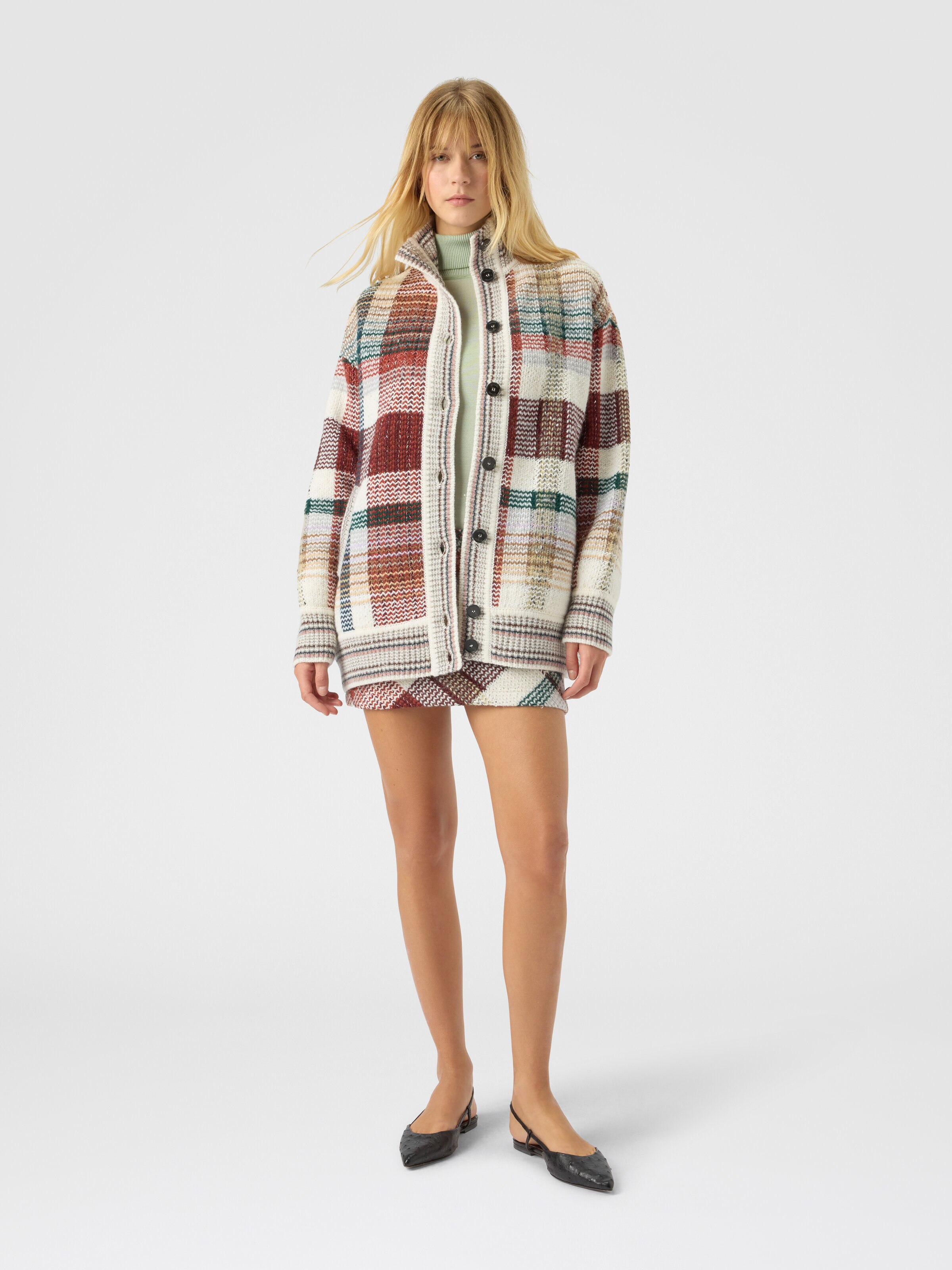 Oversized buttoned cardigan with check pattern, White & Burgundy - 1