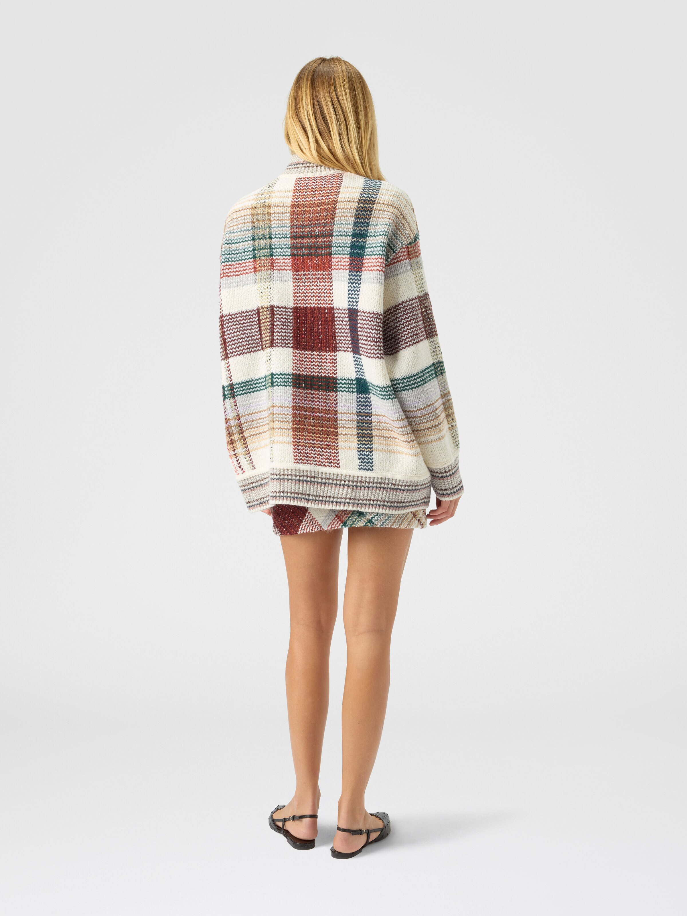 Oversized buttoned cardigan with check pattern, White & Burgundy - 2