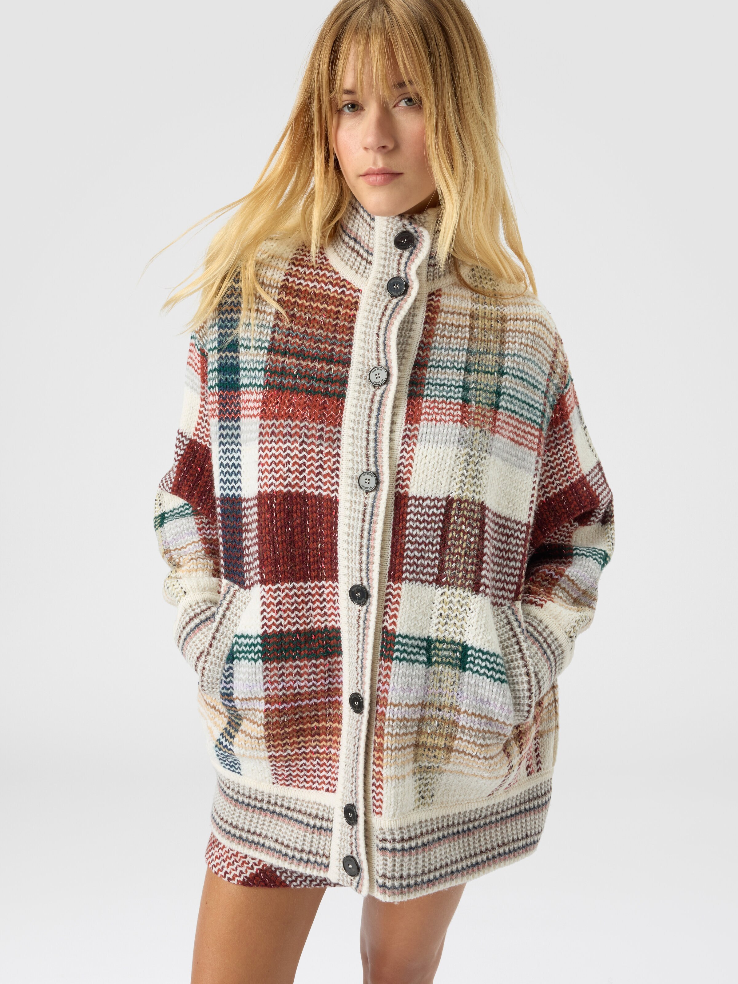 Oversized buttoned cardigan with check pattern, White & Burgundy - 3