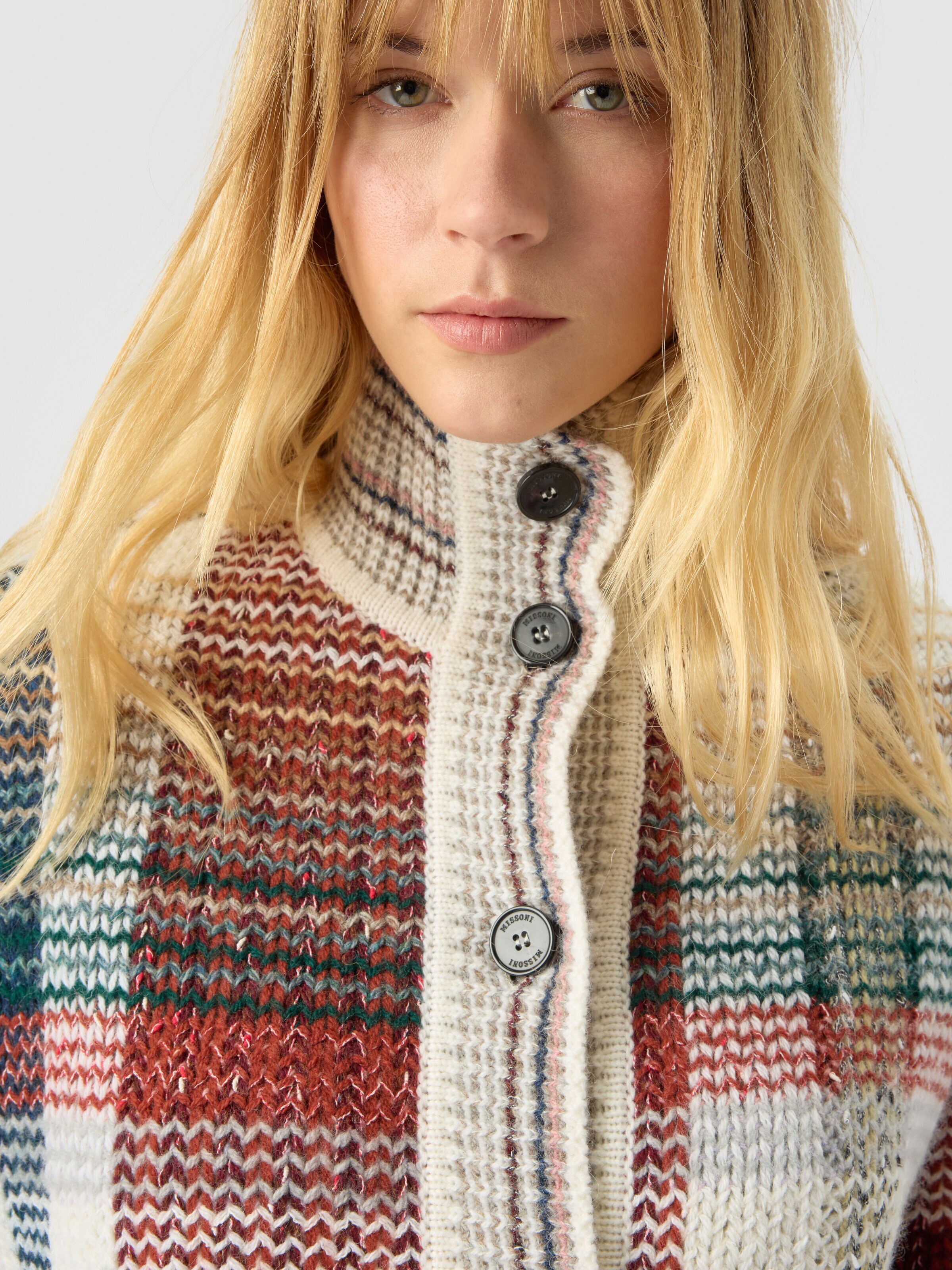 Oversized buttoned cardigan with check pattern, White & Burgundy - 4