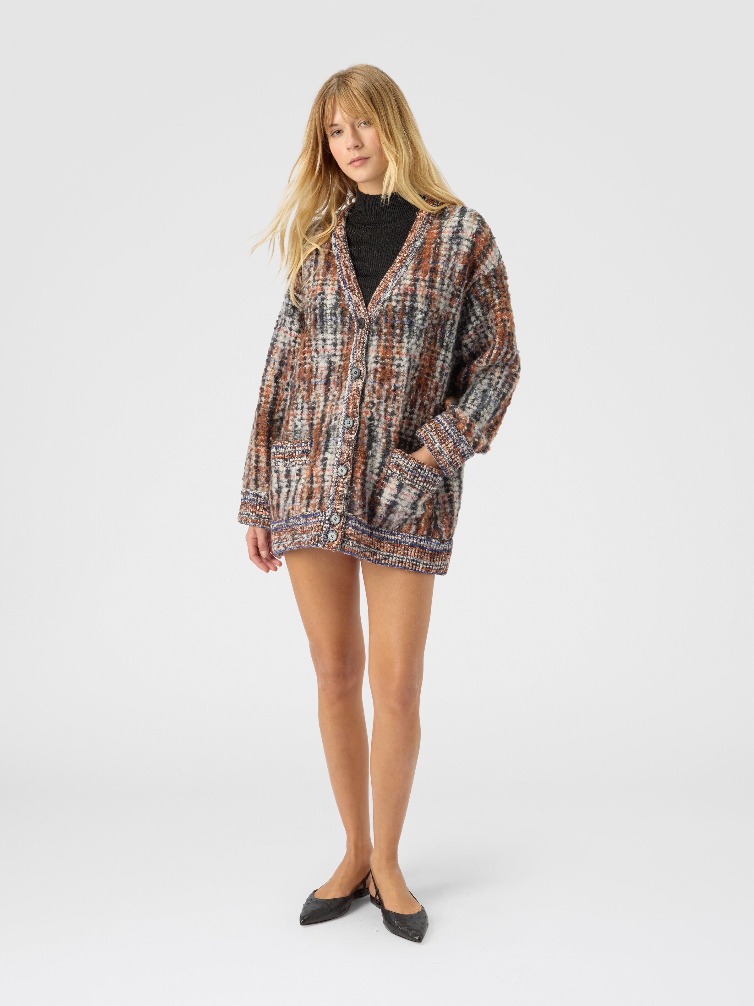 Cardigan à motif à carreaux, Blanc & Beige - 1