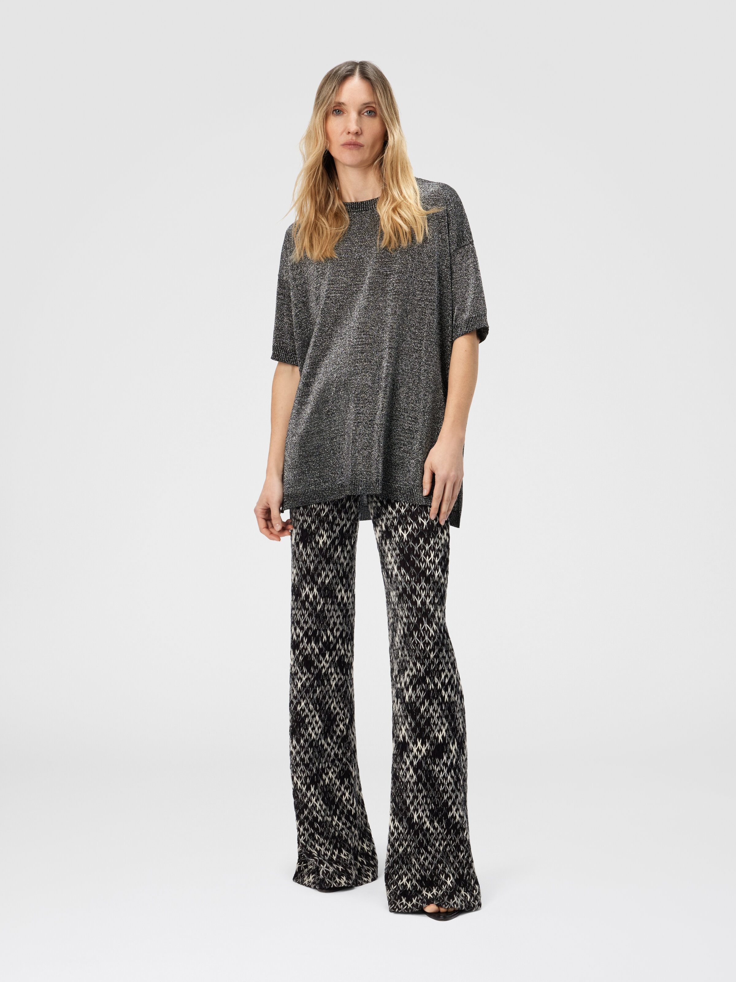 Jersey boxy cuello redondo en lamé, Plateado - 1