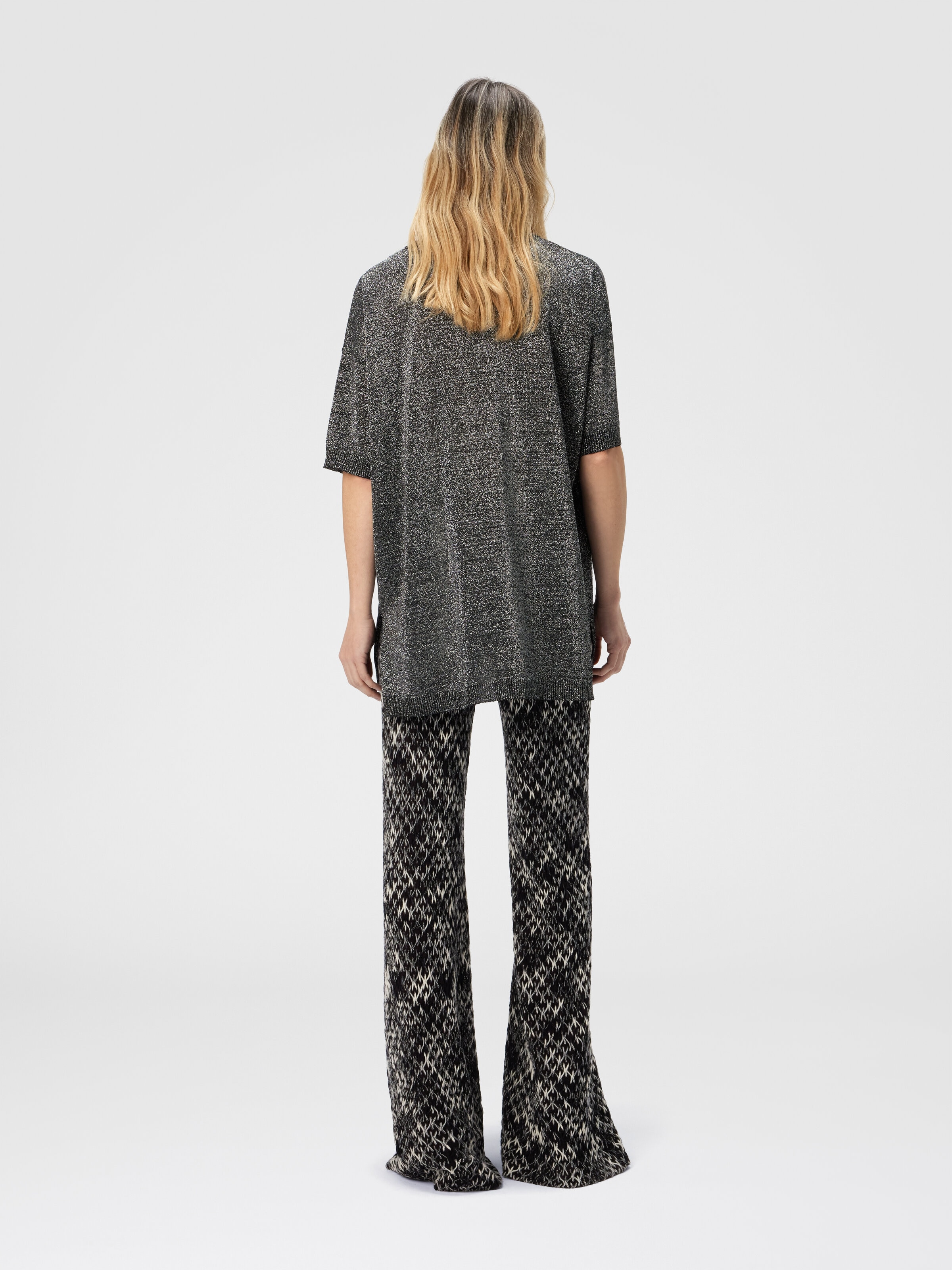 Jersey boxy cuello redondo en lamé, Plateado - 2