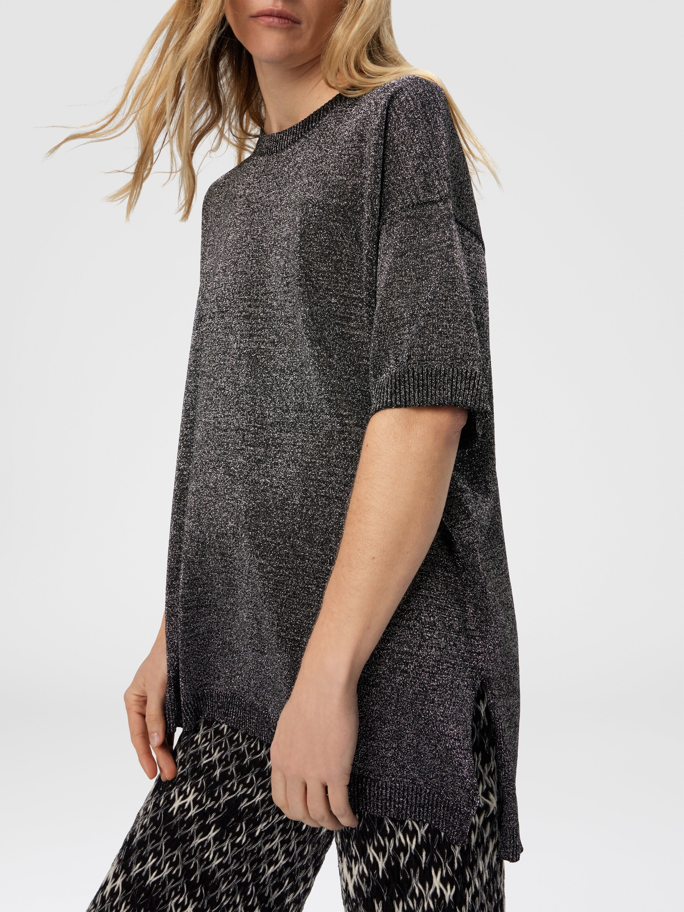 Jersey boxy cuello redondo en lamé, Plateado - 3