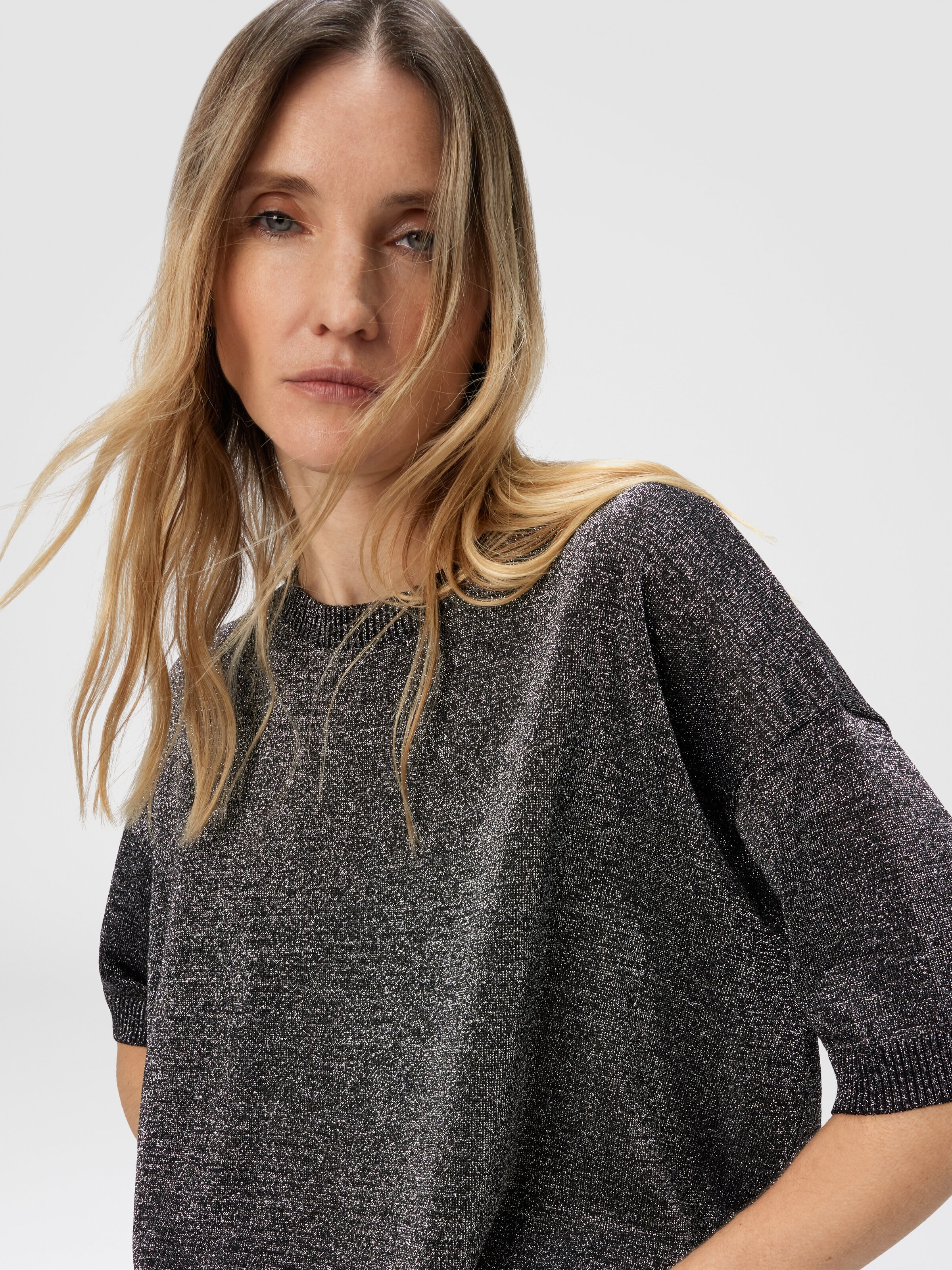 Jersey boxy cuello redondo en lamé, Plateado - 4