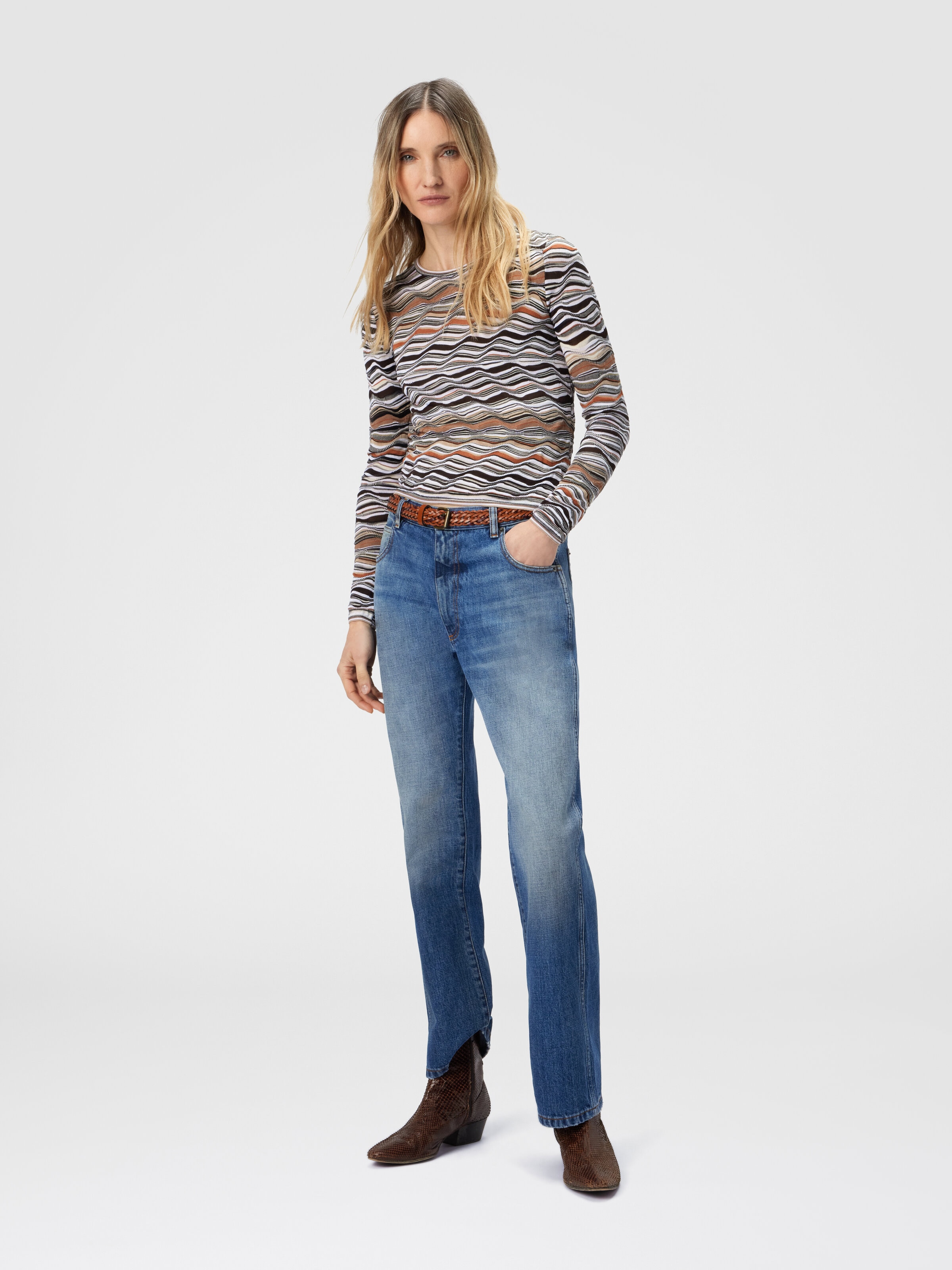 Pull col rond à motif vague, Beige & Brun - 1