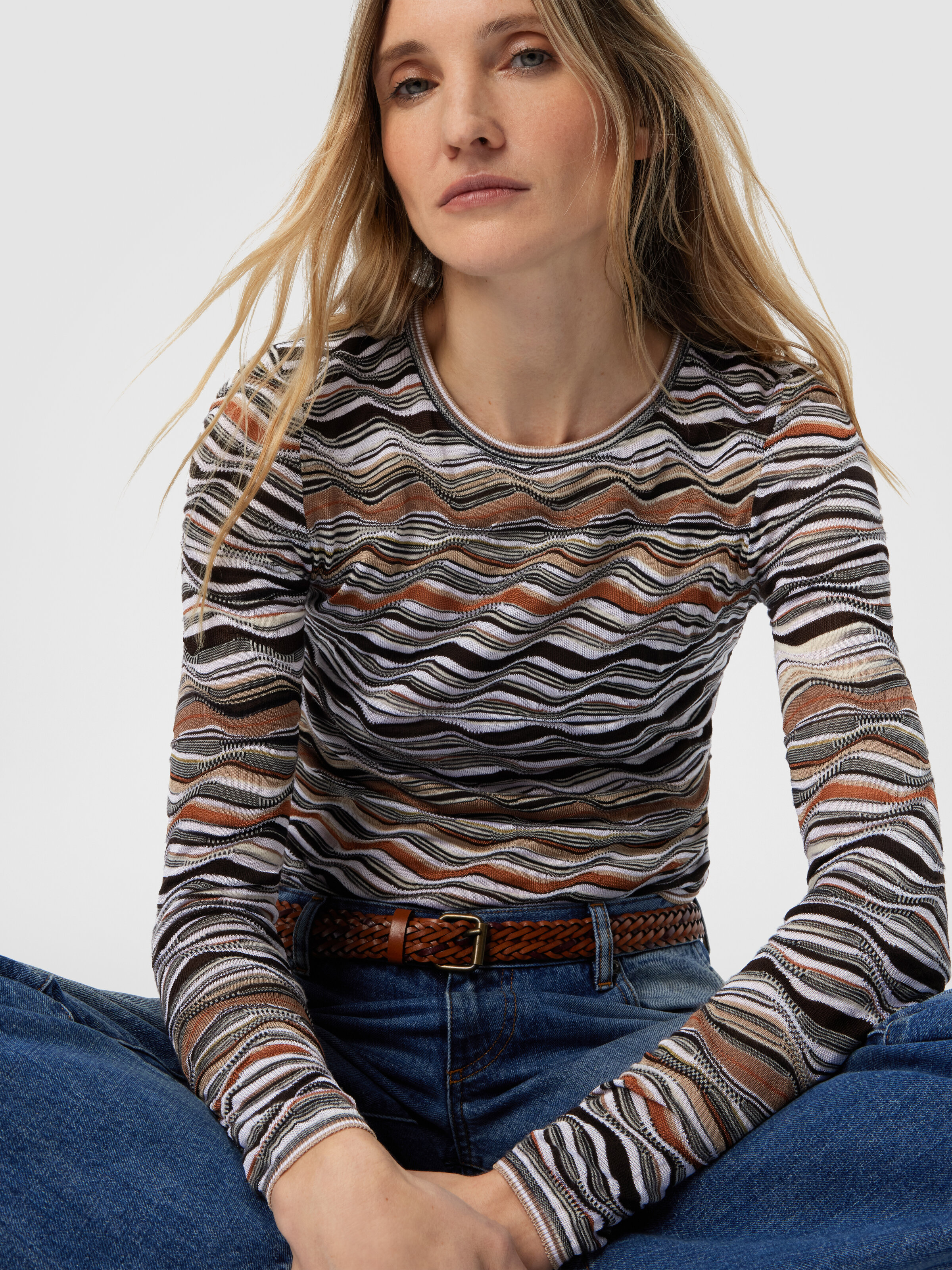 Pull col rond à motif vague, Beige & Brun - 3