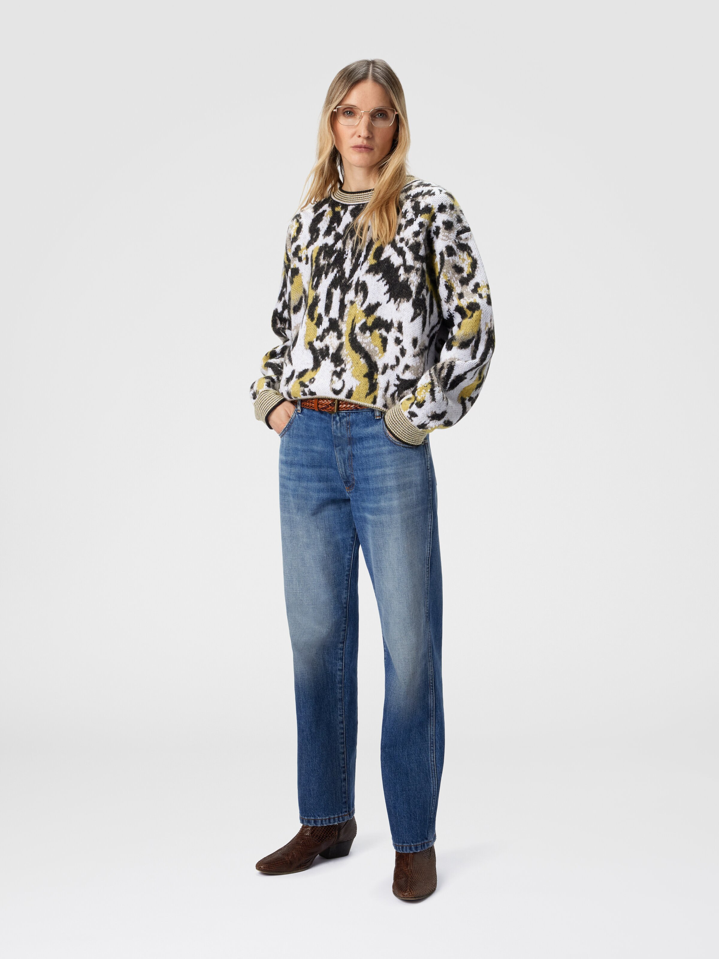 Pull boxy col rond à motif animalier, Multicolore  - 1