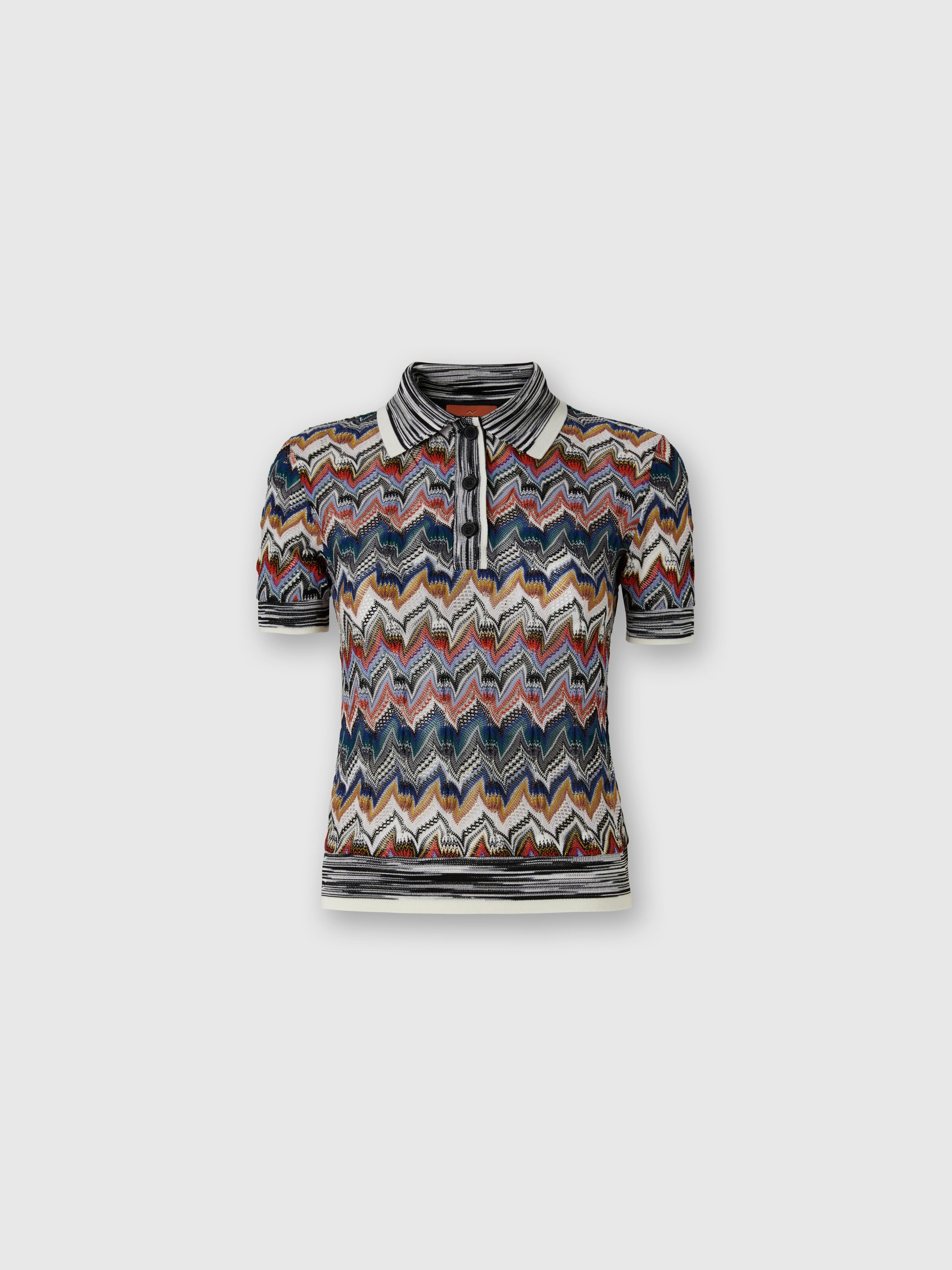 Short Sleeve Polo in Embroidered Lace, Multicoloured  - 0