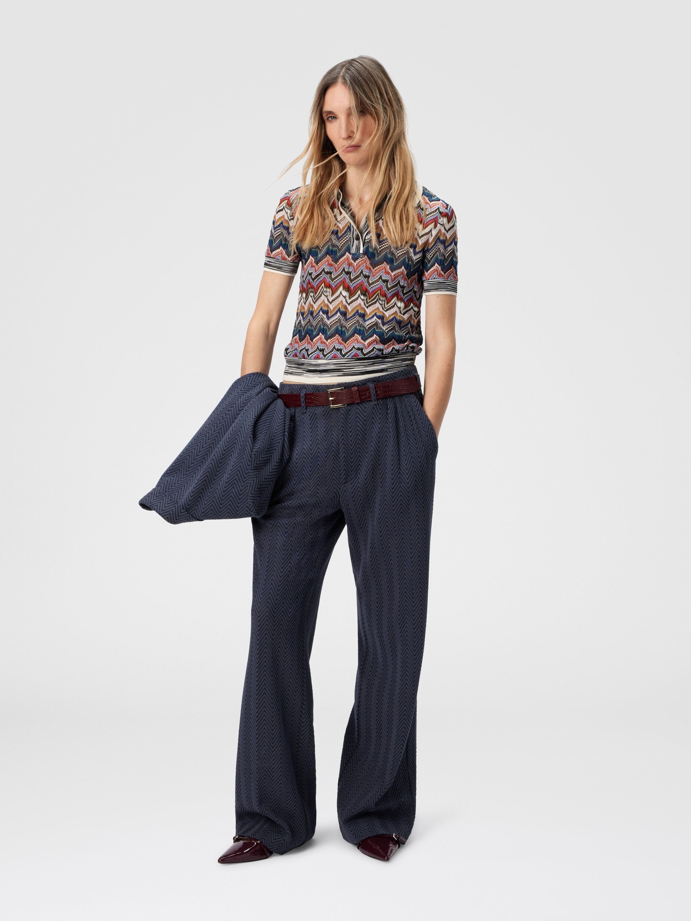 Short Sleeve Polo in Embroidered Lace, Multicoloured  - 1