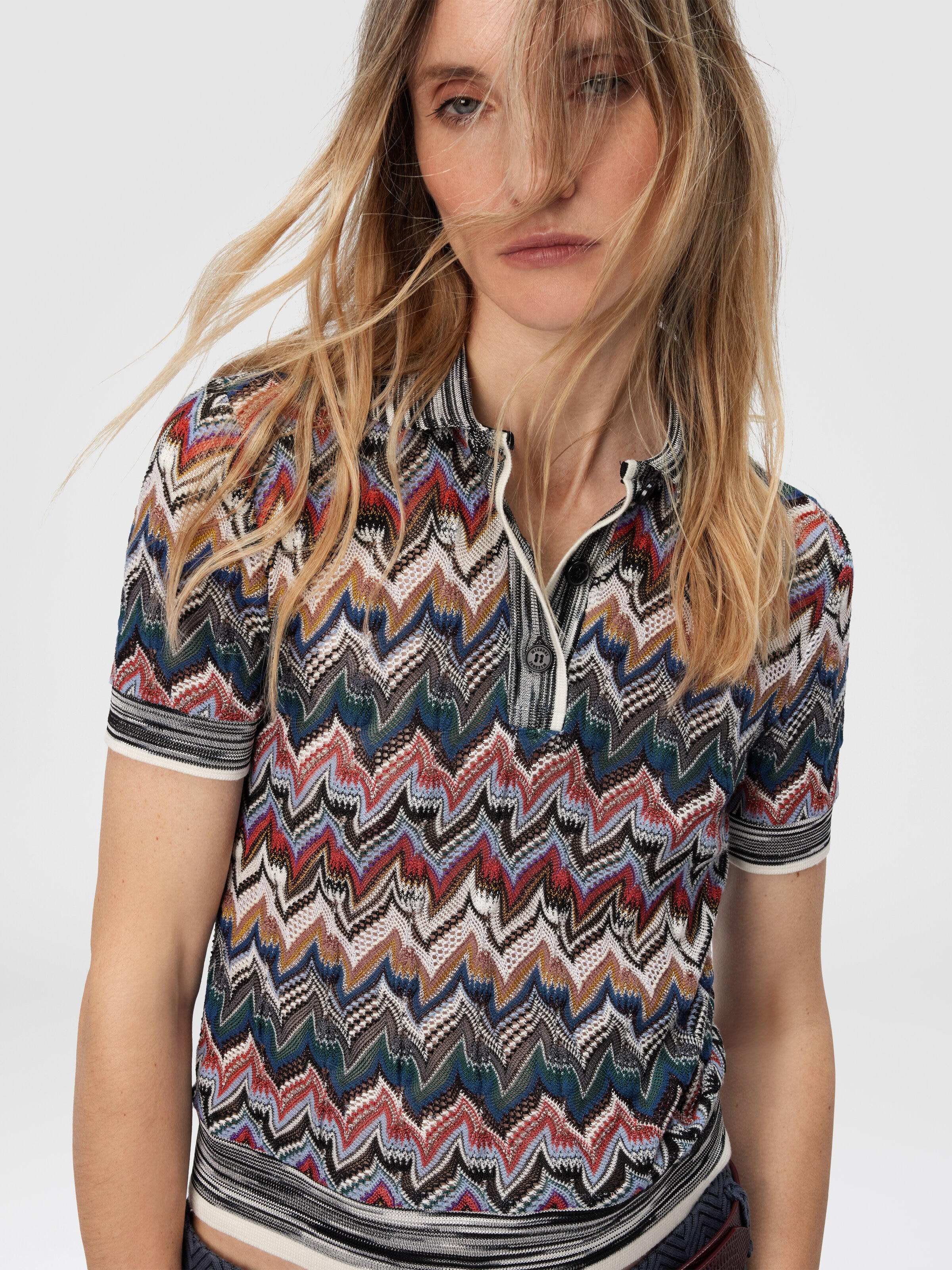 Short Sleeve Polo in Embroidered Lace, Multicoloured  - 3