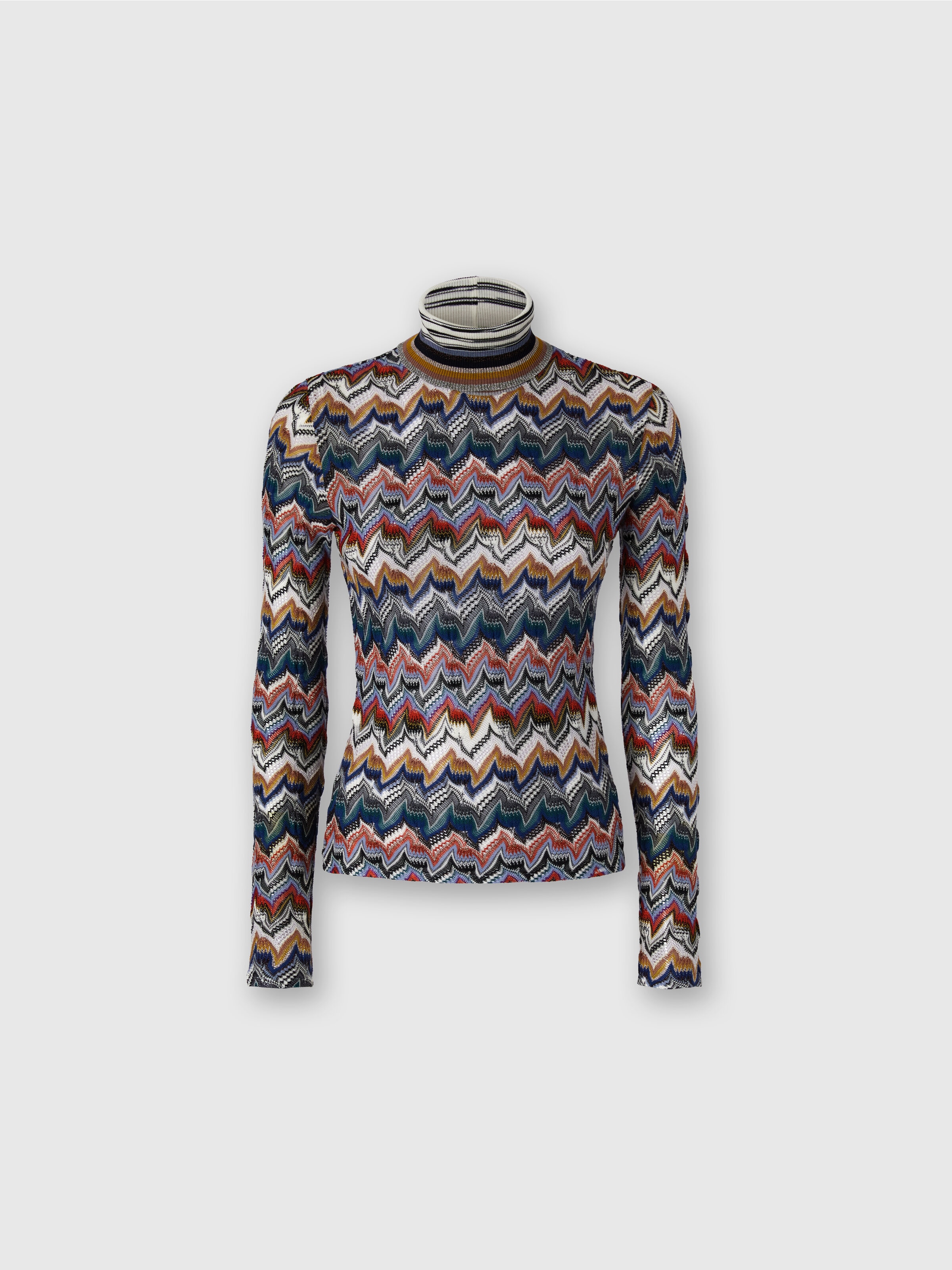 Slim Fit High-Neck Sweater in Embroidered Lace, Multicoloured  - 0