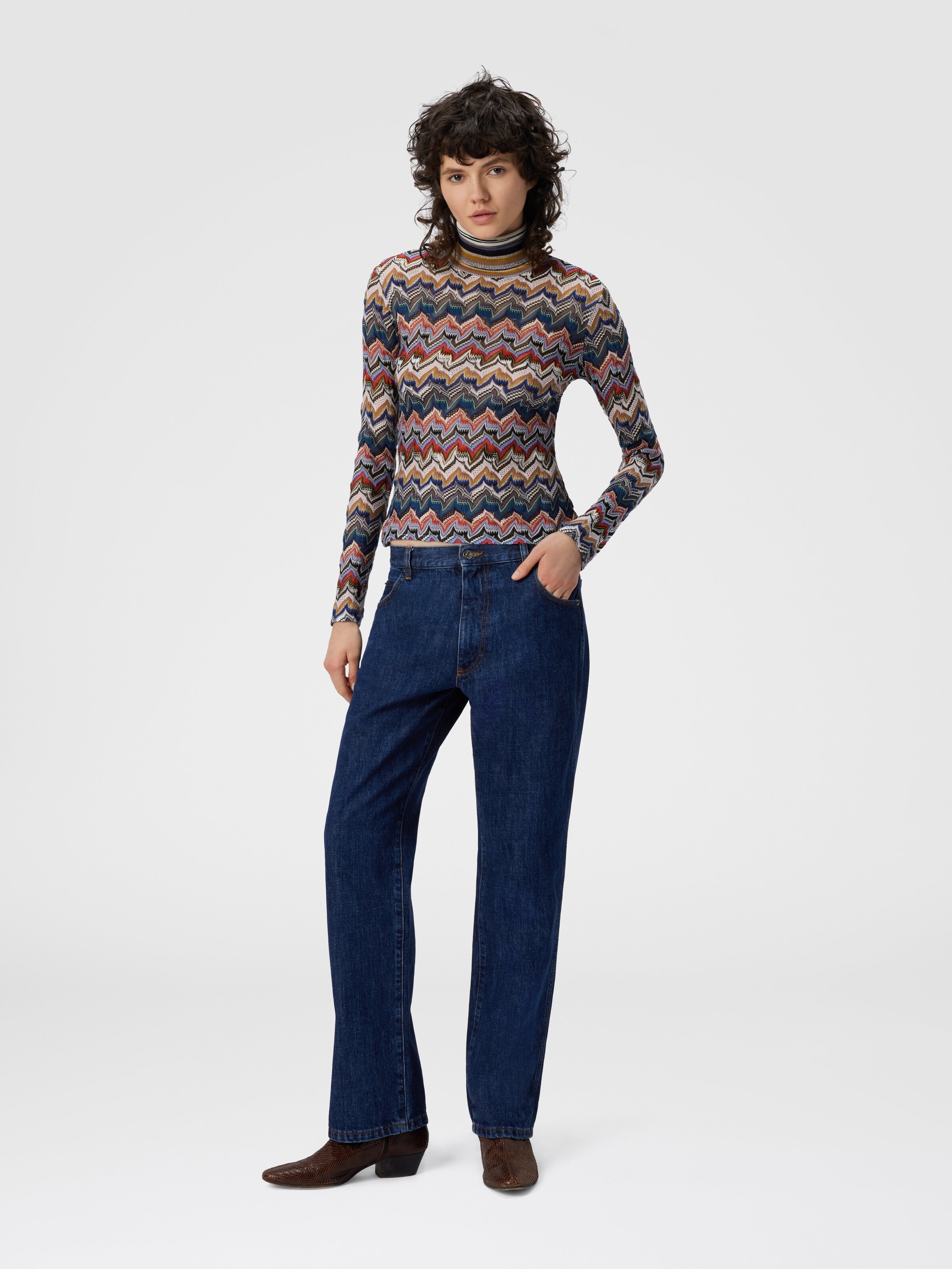 Slim Fit High-Neck Sweater in Embroidered Lace, Multicoloured  - 1