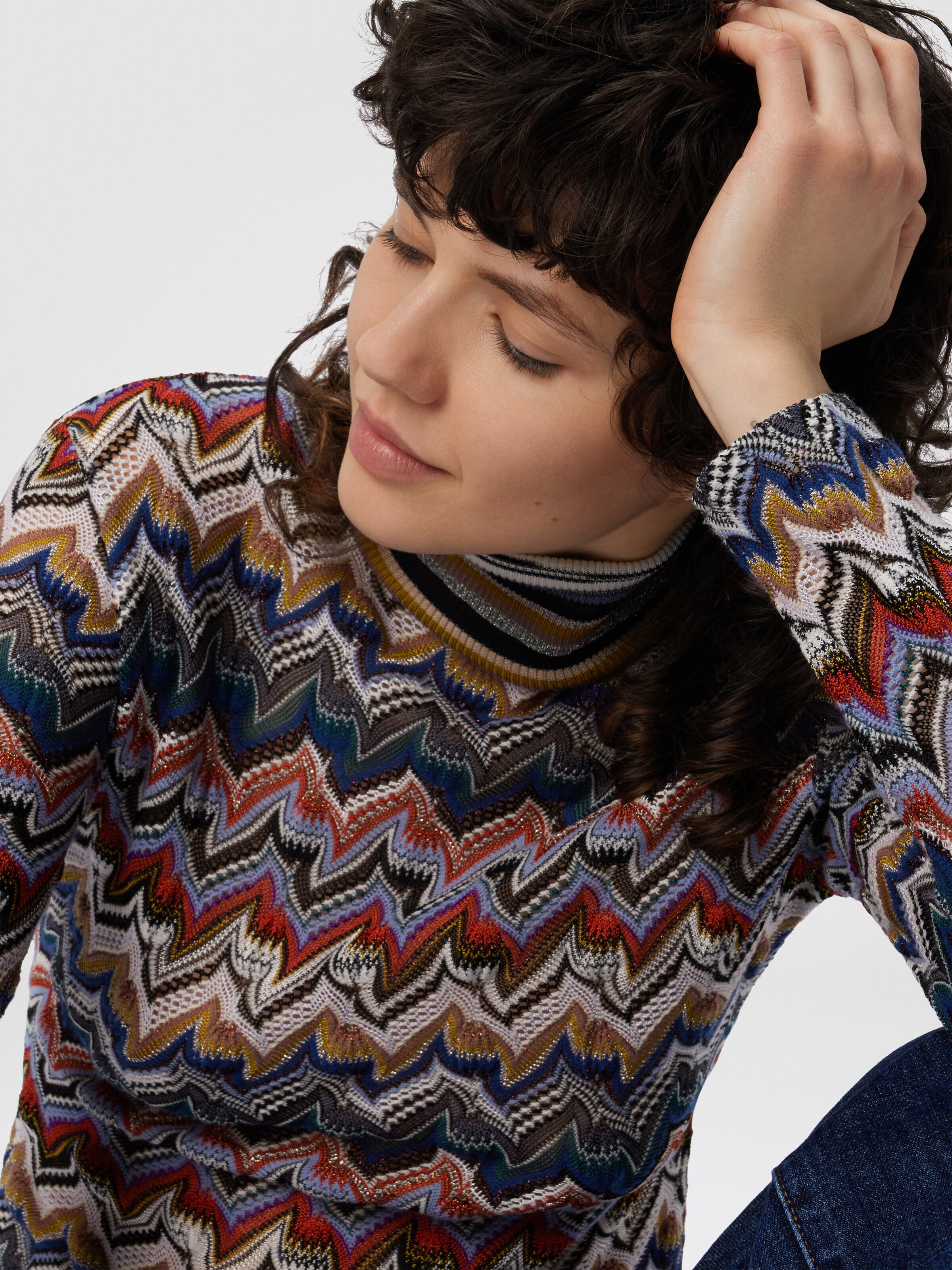 Slim Fit High-Neck Sweater in Embroidered Lace, Multicoloured  - 3