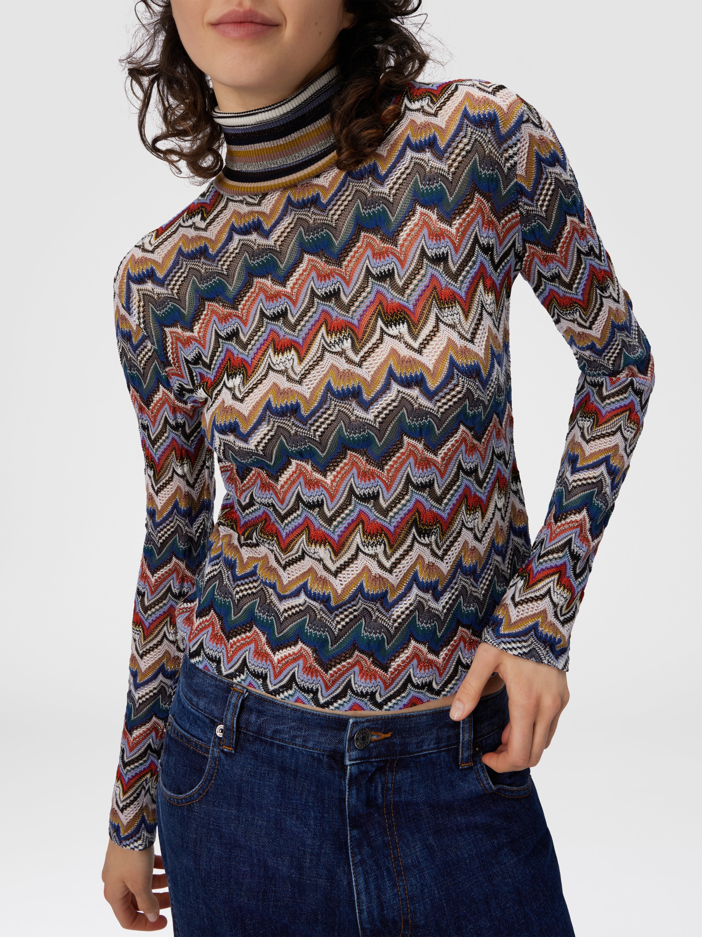 Slim Fit High-Neck Sweater in Embroidered Lace, Multicoloured  - 4