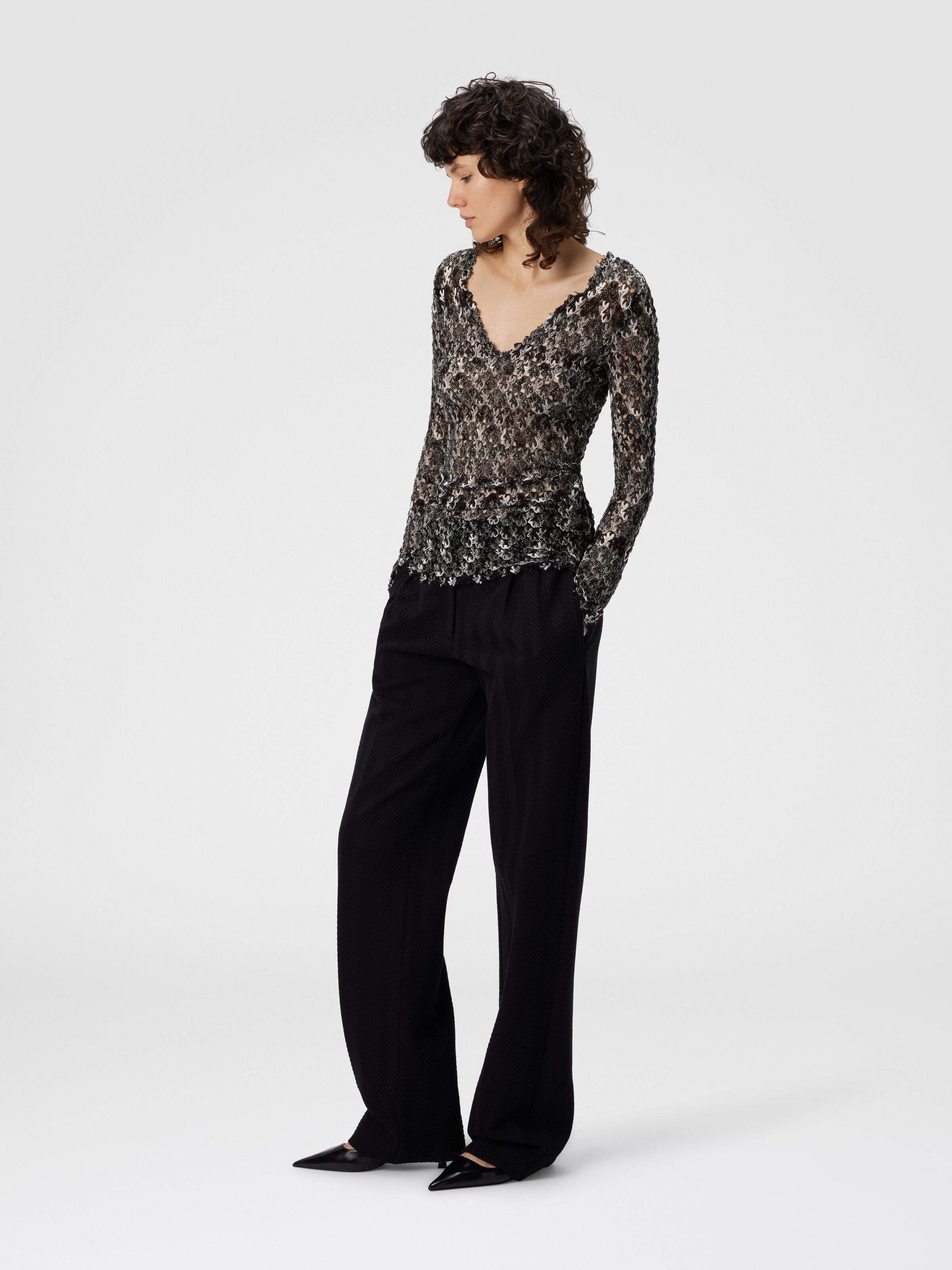 Slim Fit V-Neck Sweater in Lace, Black & Brown - 1