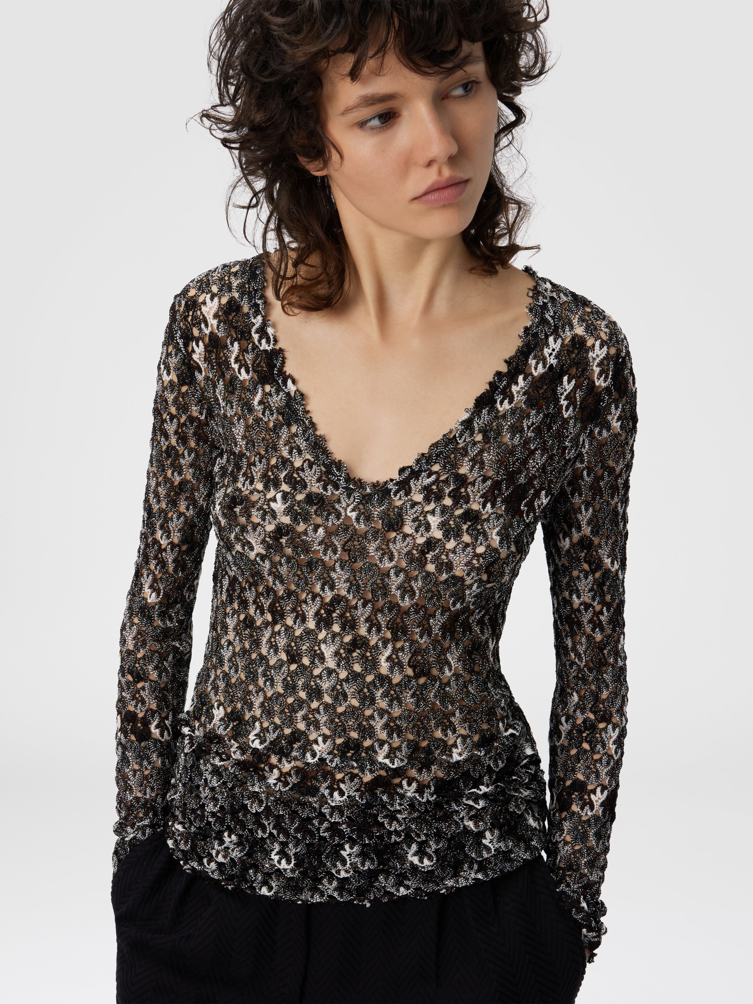 Slim Fit V-Neck Sweater in Lace, Black & Brown - 3