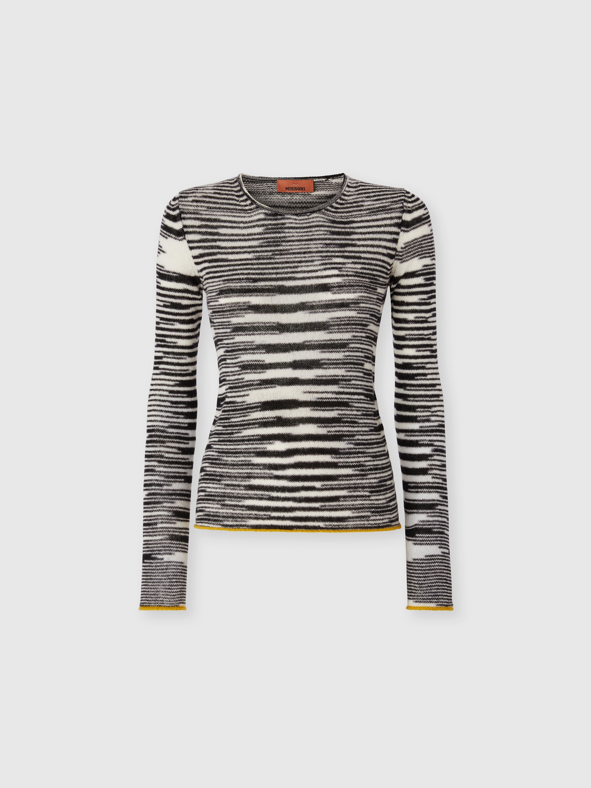 Crew Neck Sweater with Flame Pattern in Cashmere Blend, Black & White - 0