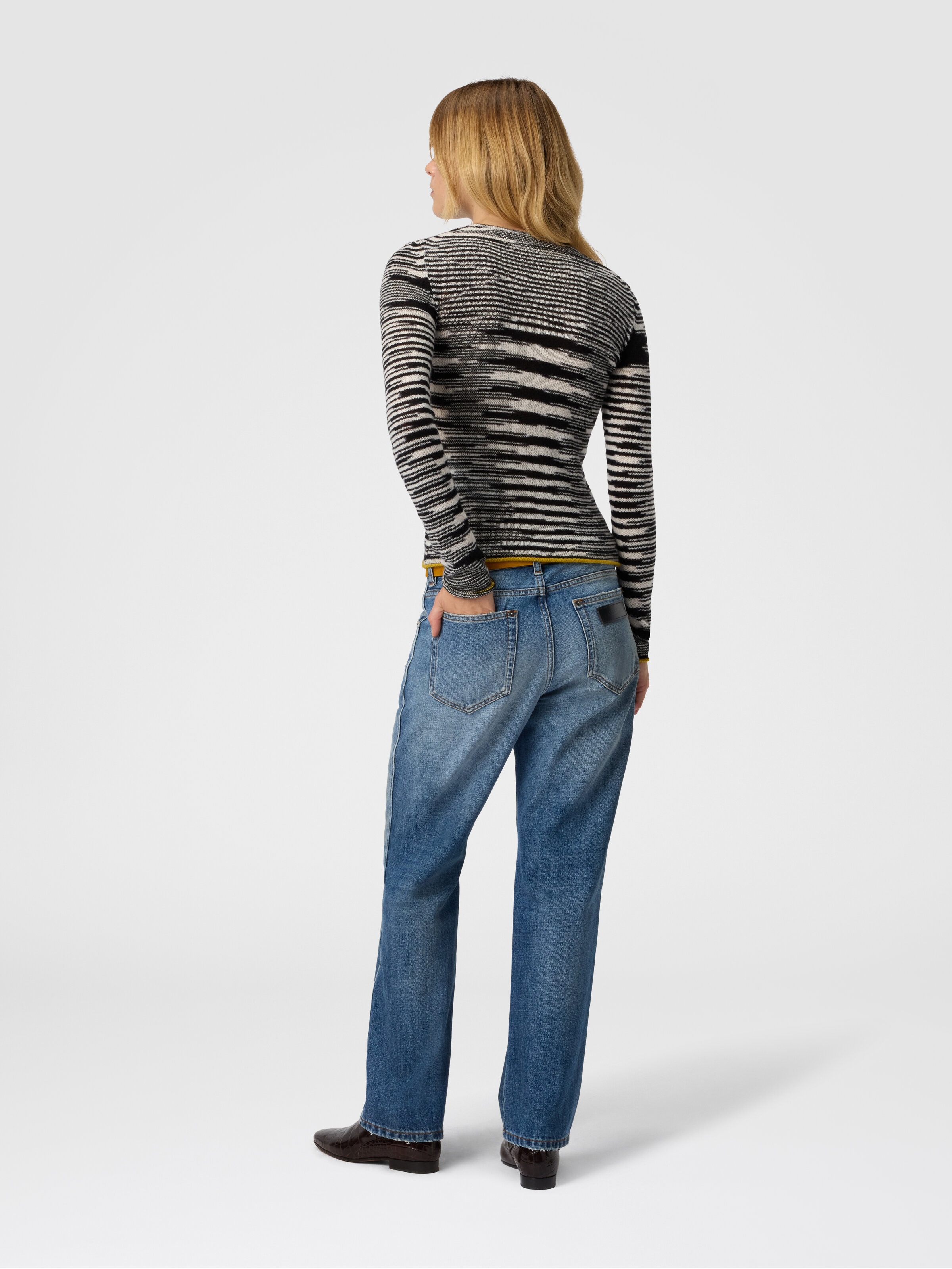 Crew Neck Sweater with Flame Pattern in Cashmere Blend, Black & White - 2