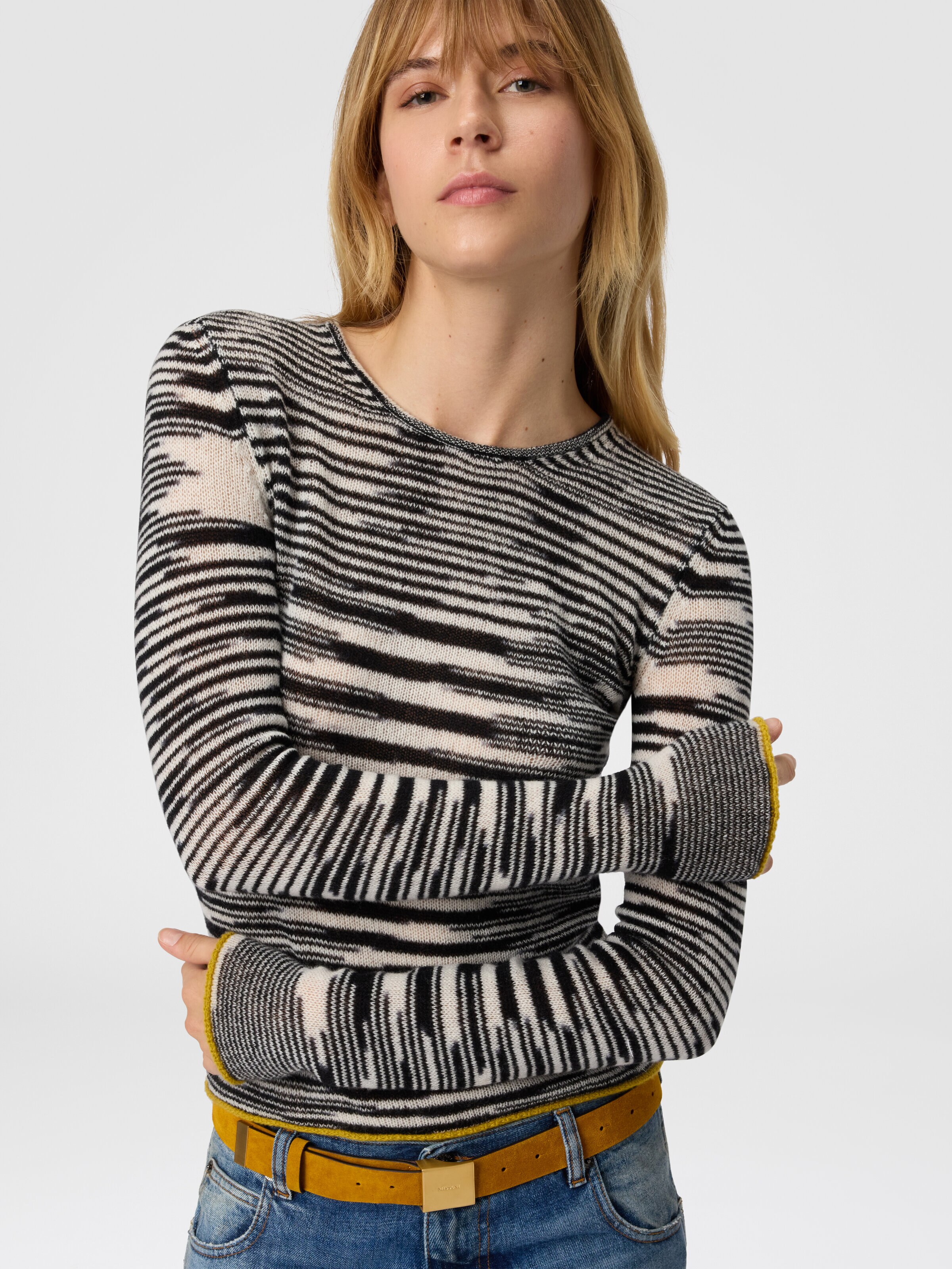 Crew Neck Sweater with Flame Pattern in Cashmere Blend, Black & White - 3