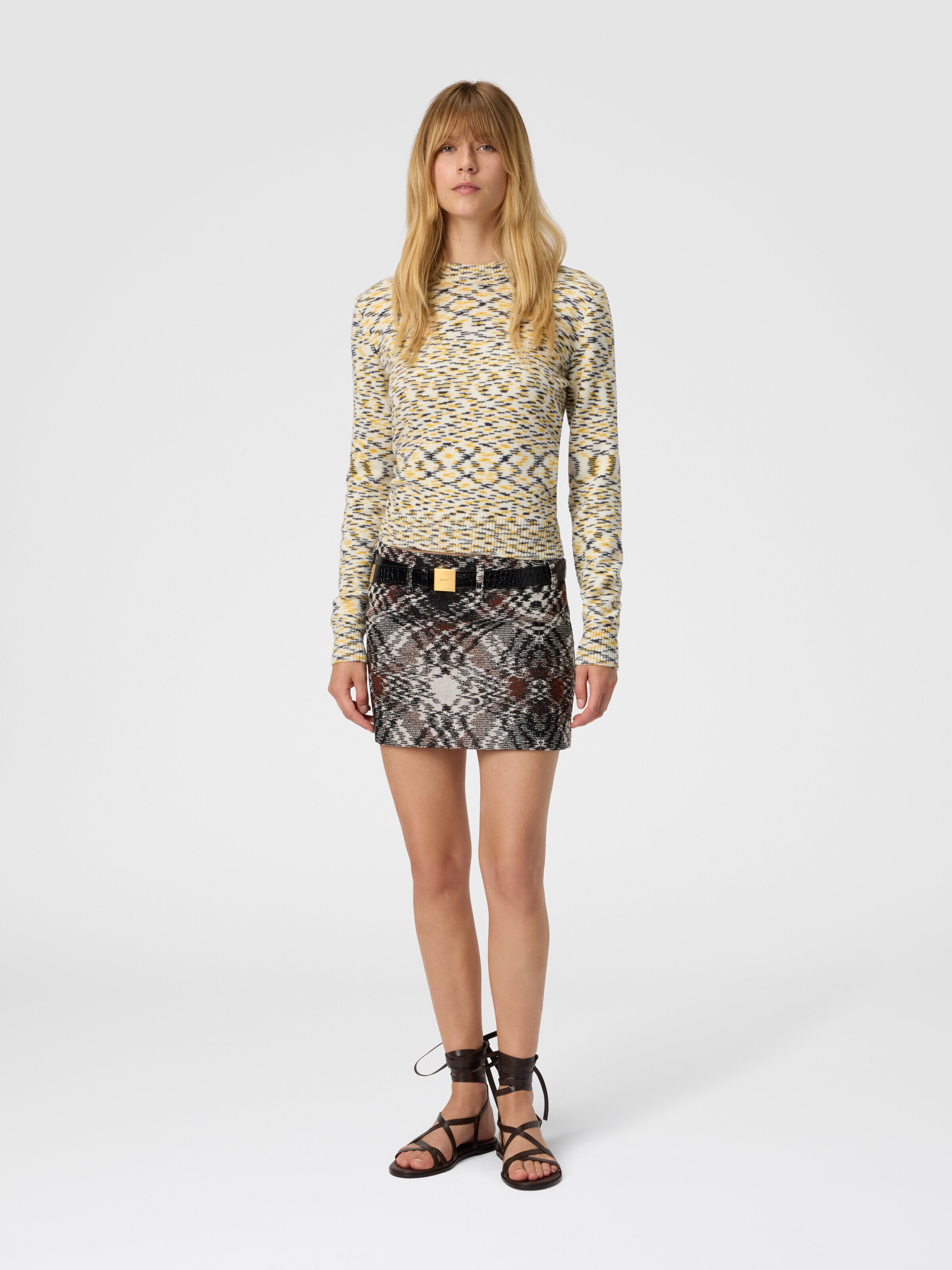 Crew Neck Sweater with Flame Pattern, Yellow  - 1