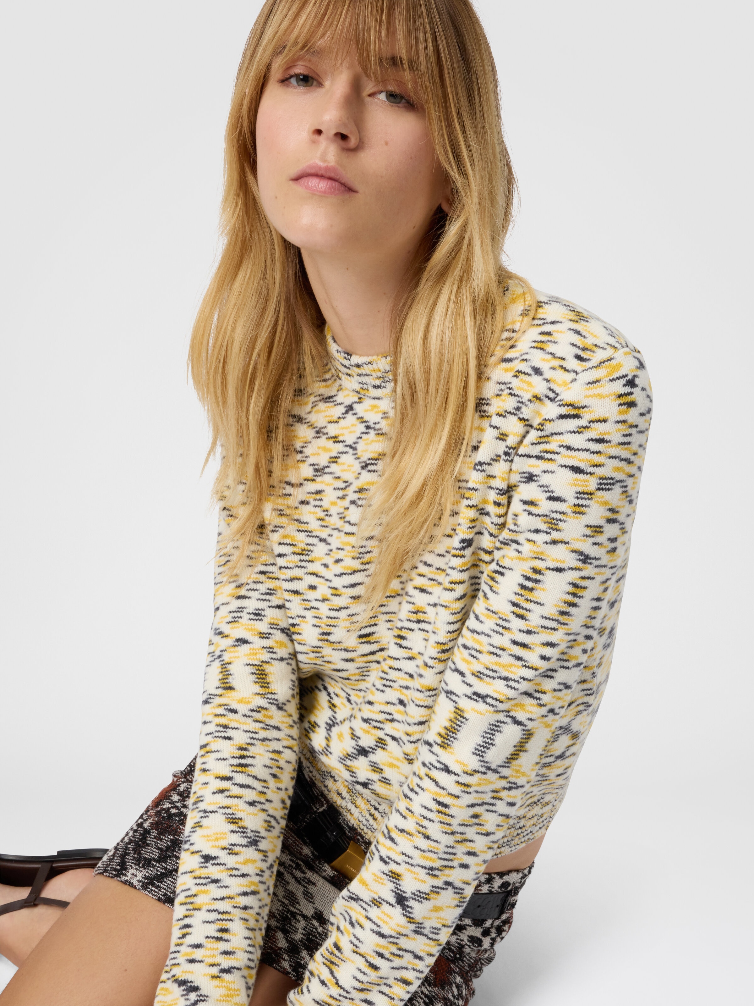 Crew Neck Sweater with Flame Pattern, Yellow  - 3