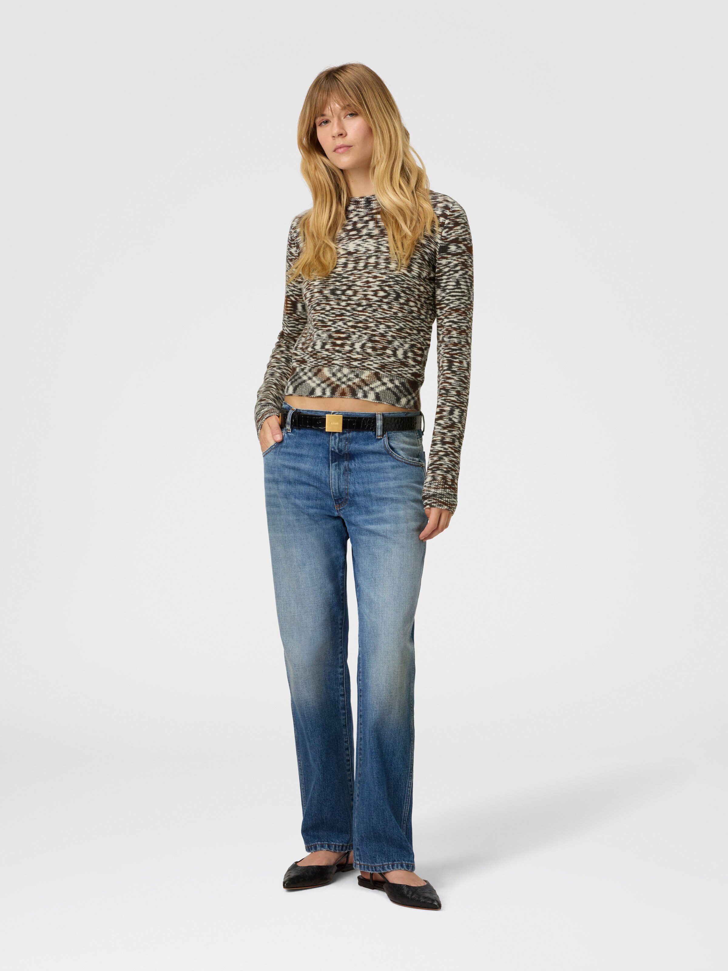 Crew Neck Sweater with Flame Pattern, Black & Brown - 1