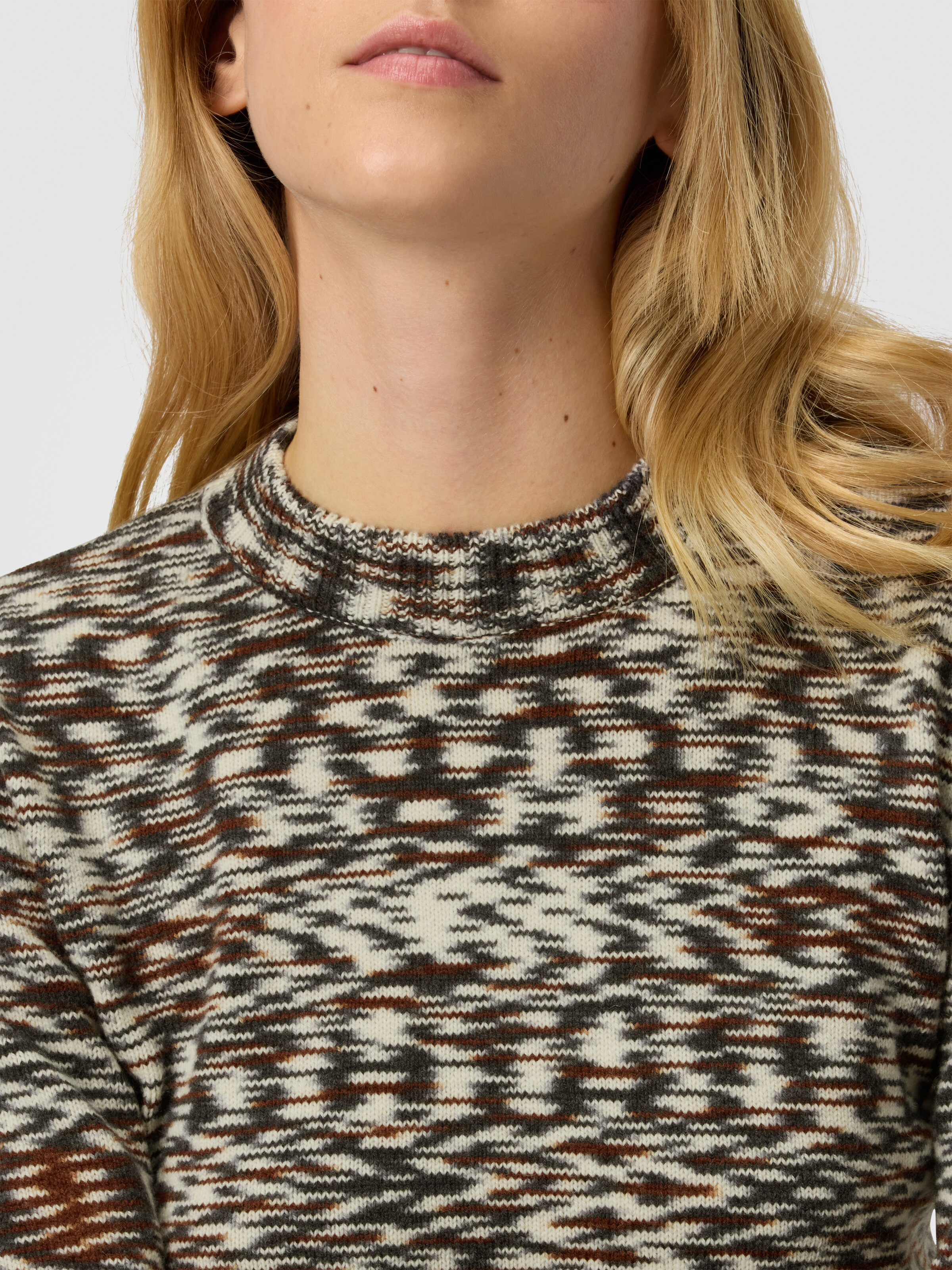 Crew Neck Sweater with Flame Pattern, Black & Brown - 4