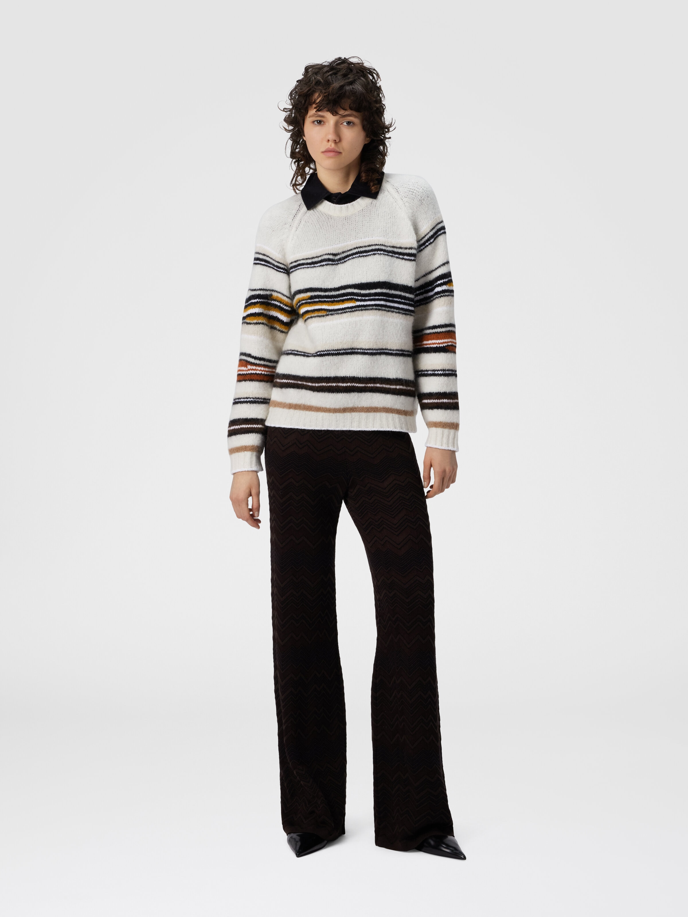 Crew Neck Striped Sweater in Wool, Mohair and Alpaca, Multicoloured  - 1