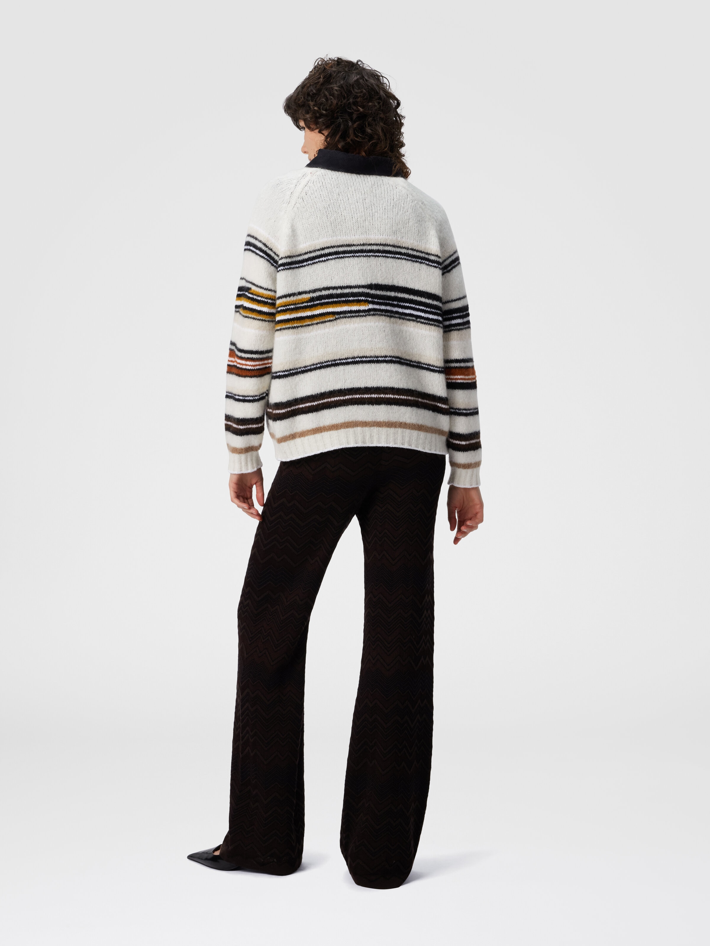 Crew Neck Striped Sweater in Wool, Mohair and Alpaca, Multicoloured  - 2
