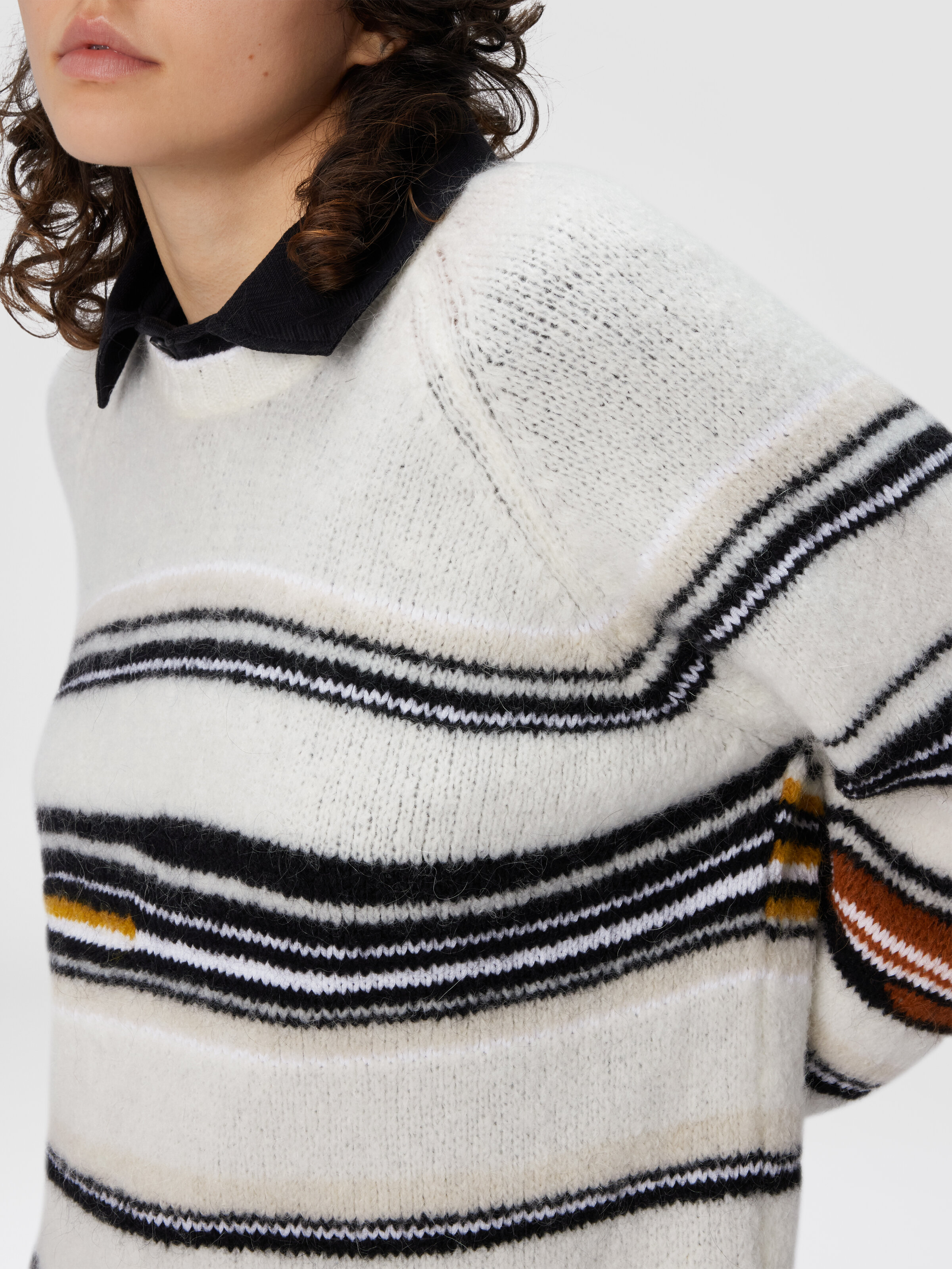 Crew Neck Striped Sweater in Wool, Mohair and Alpaca, Multicoloured  - 3