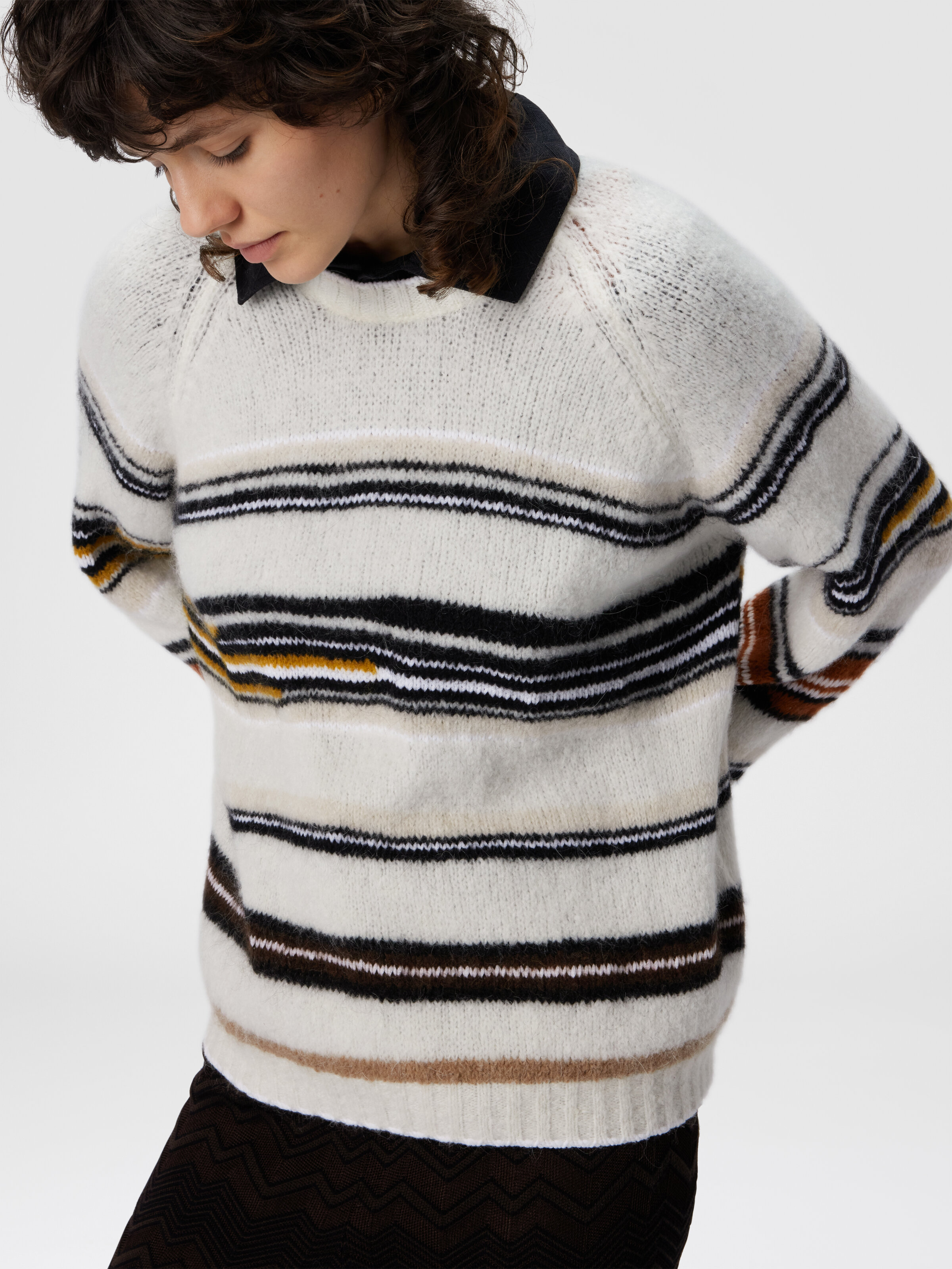 Crew Neck Striped Sweater in Wool, Mohair and Alpaca, Multicoloured  - 4