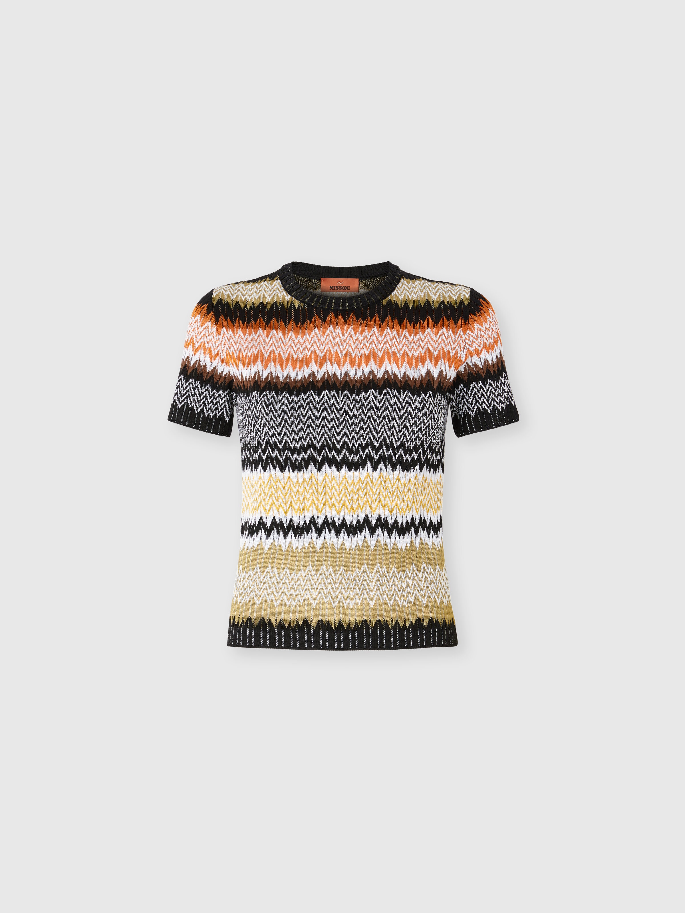 Short Sleeve Crew Neck Sweater with Chevron Pattern, Multicoloured  - 0