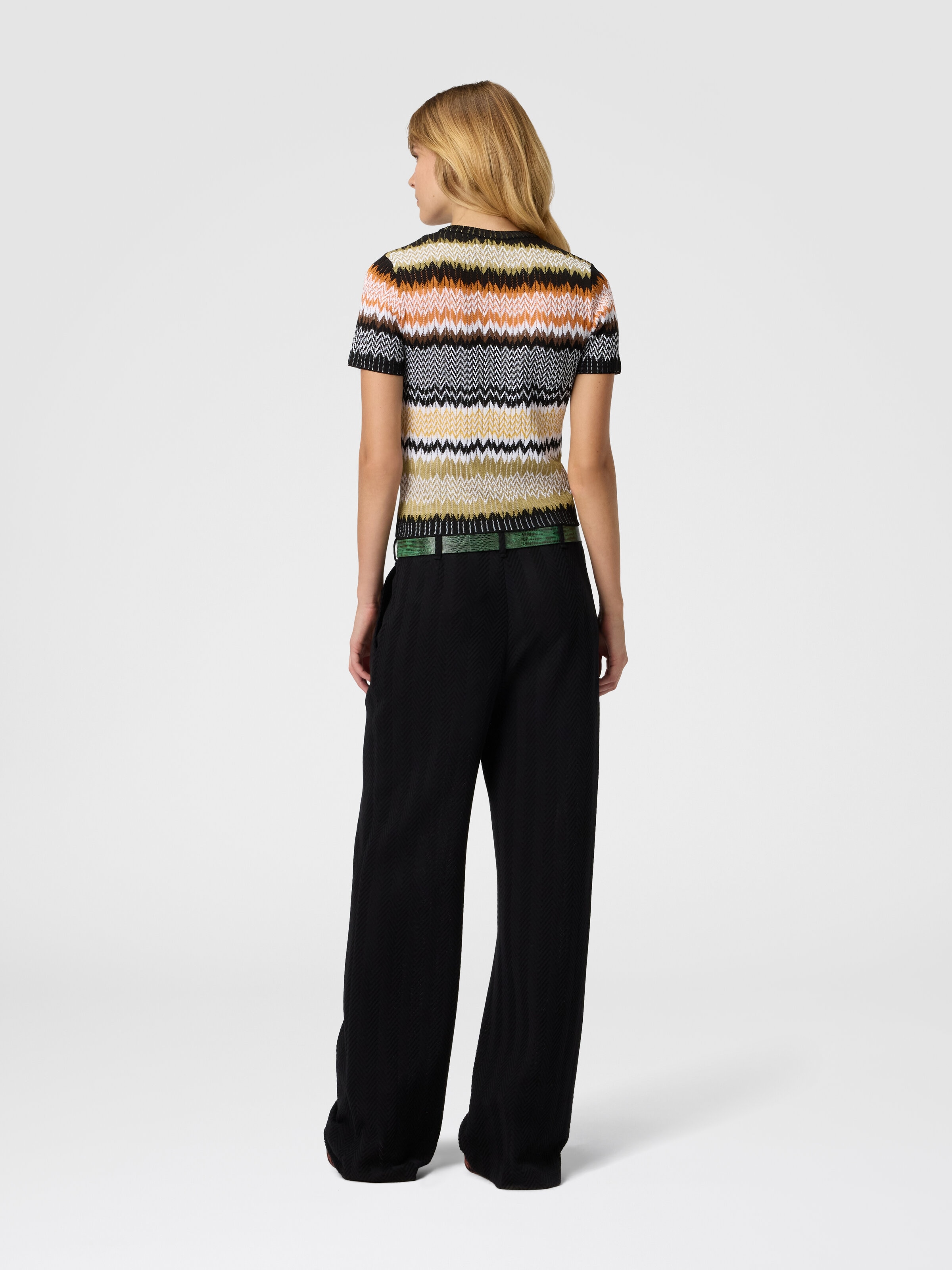 Short Sleeve Crew Neck Sweater with Chevron Pattern, Multicoloured  - 2