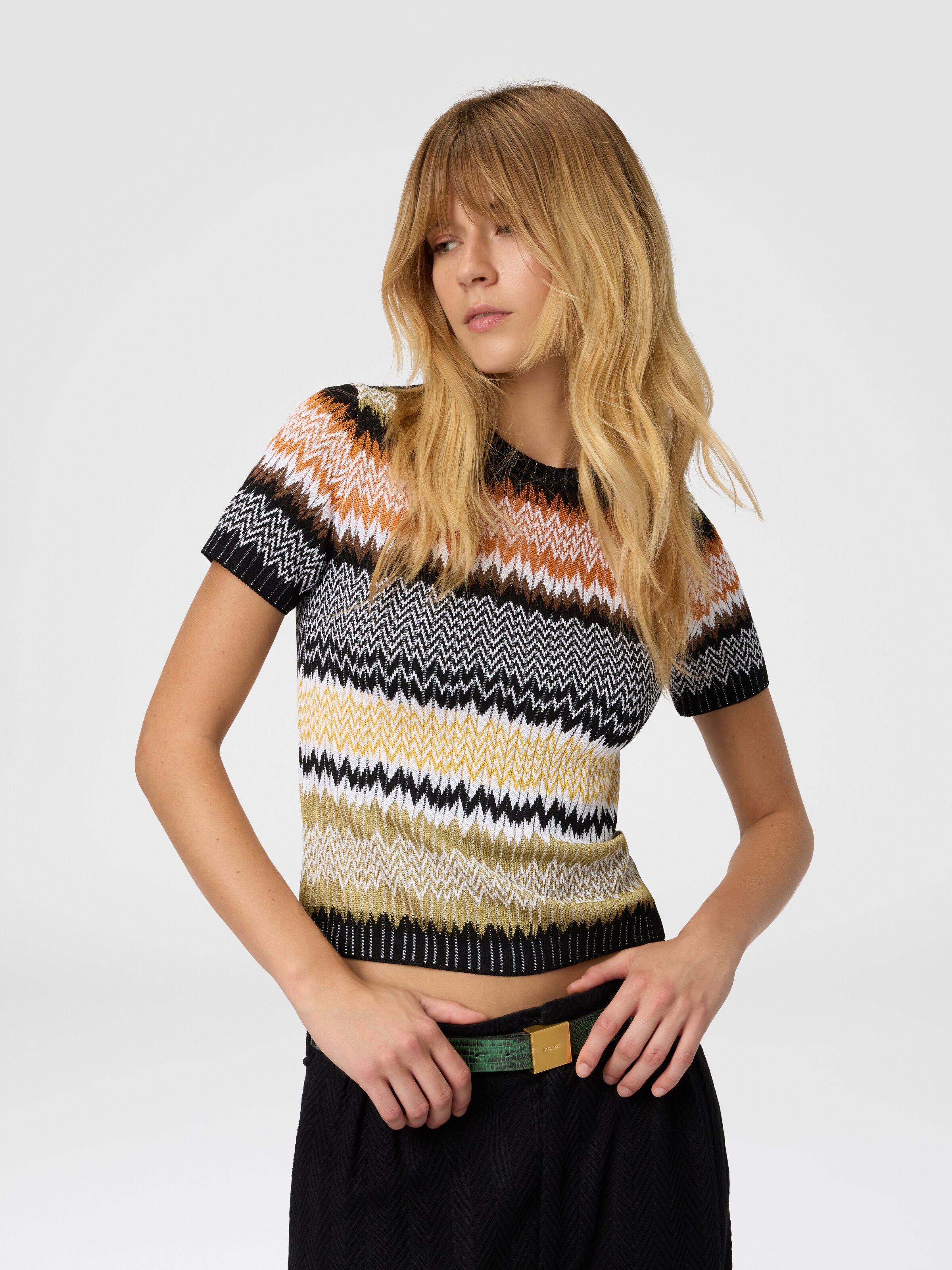Short Sleeve Crew Neck Sweater with Chevron Pattern, Multicoloured  - 3