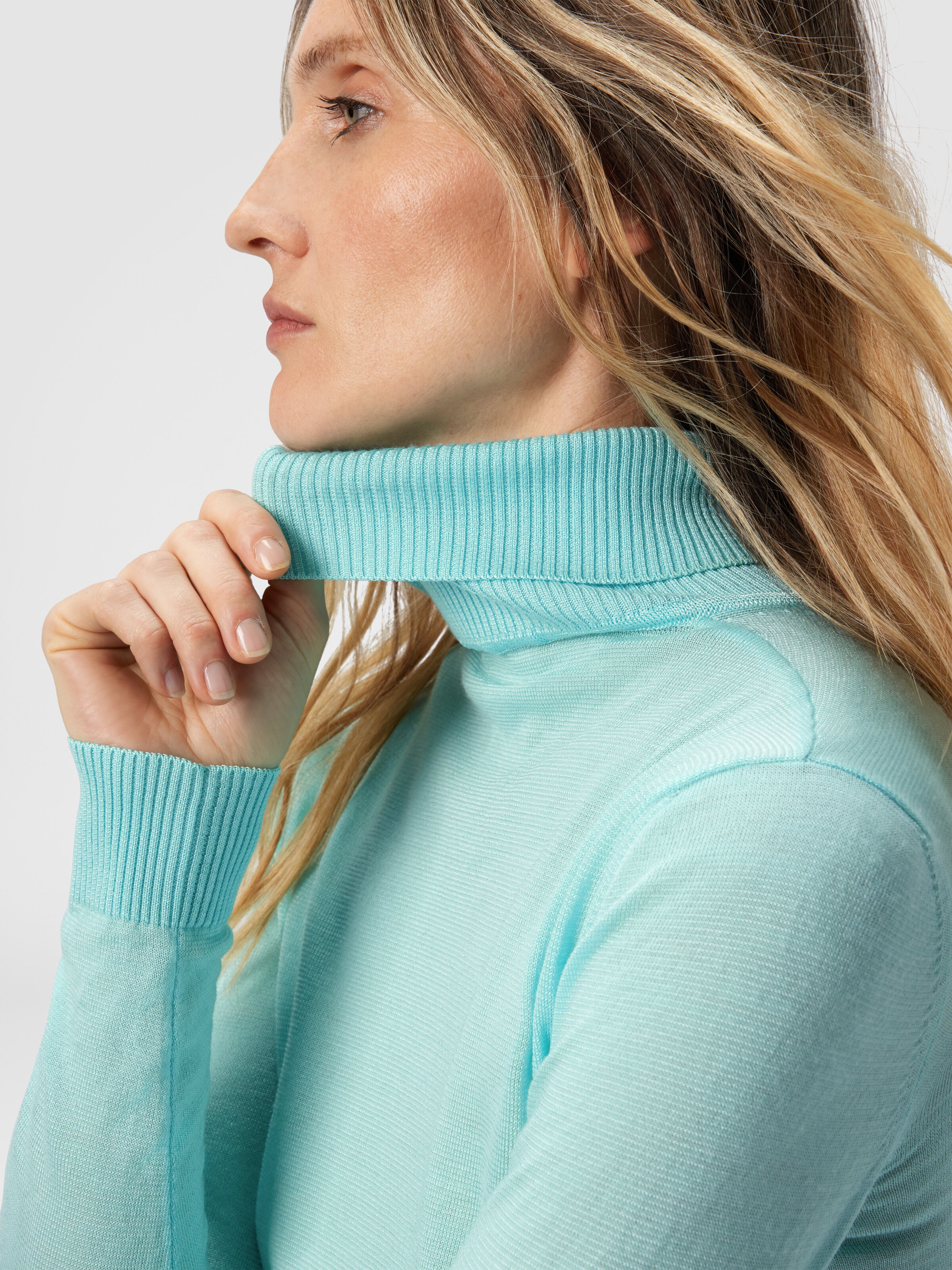 High-Neck Sweater in Smooth Knit, Light Blue - 3