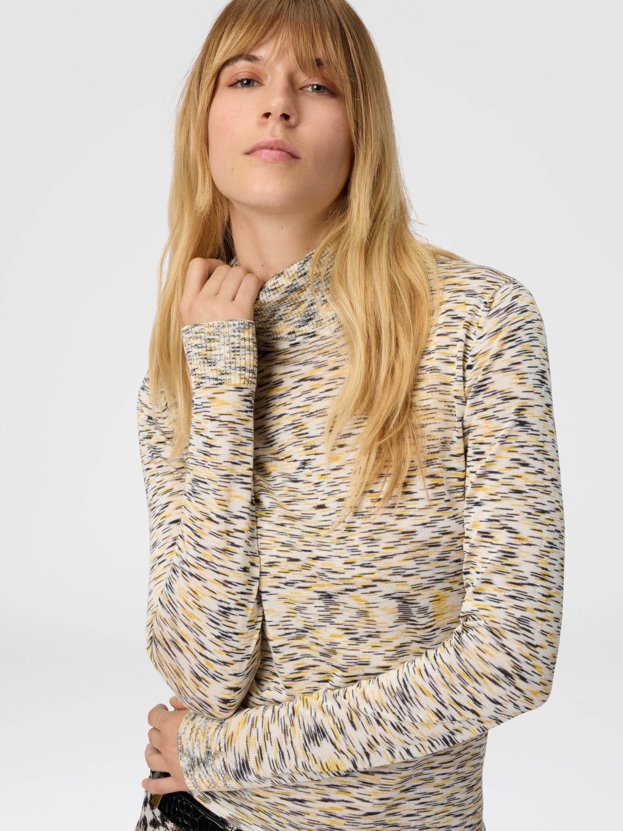 High-Neck Sweater in Flame Smooth Knit, Yellow  - 3