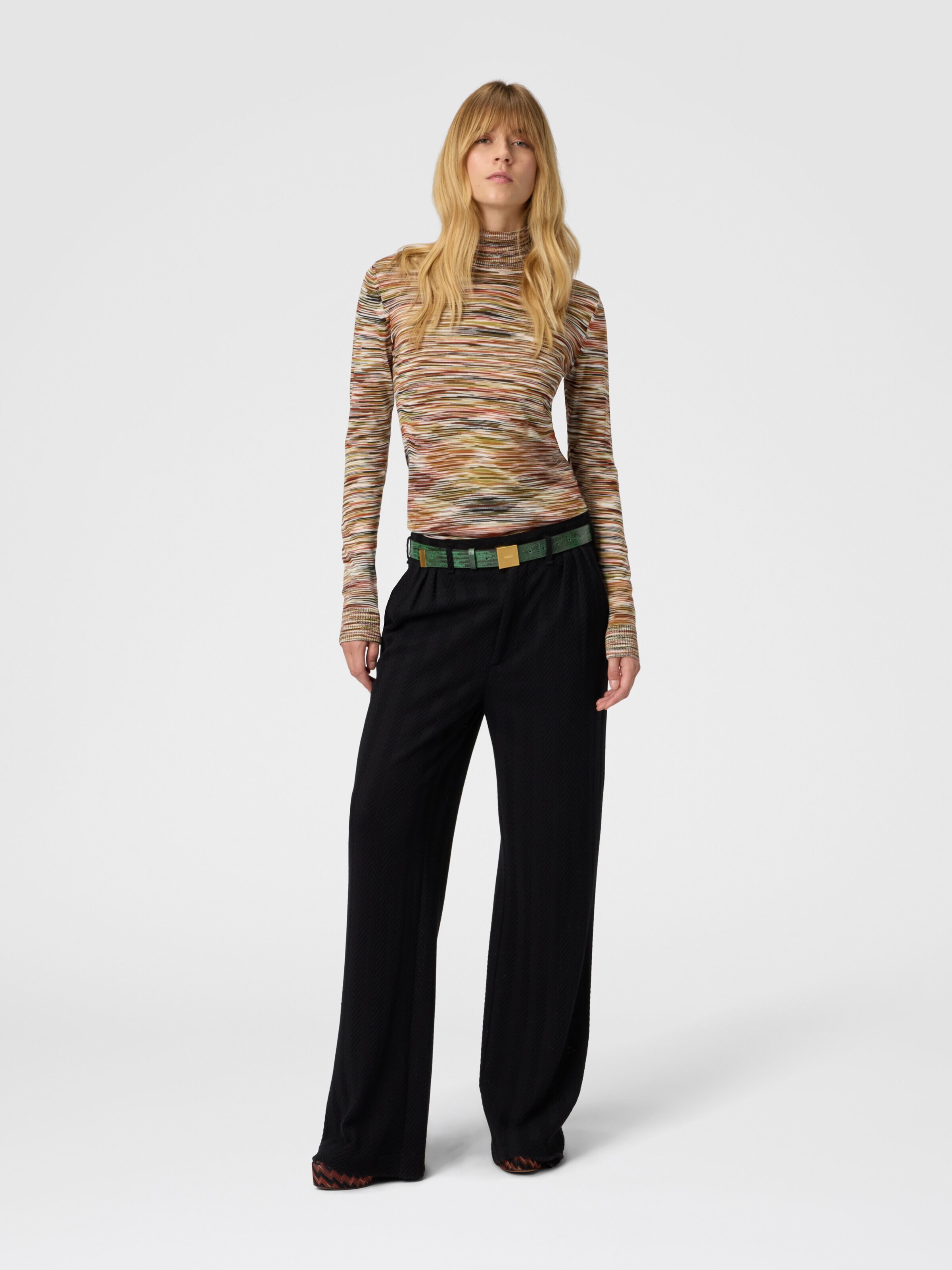 Jersey de cuello alto en punto liso flameado, Negro & Marròn - 1