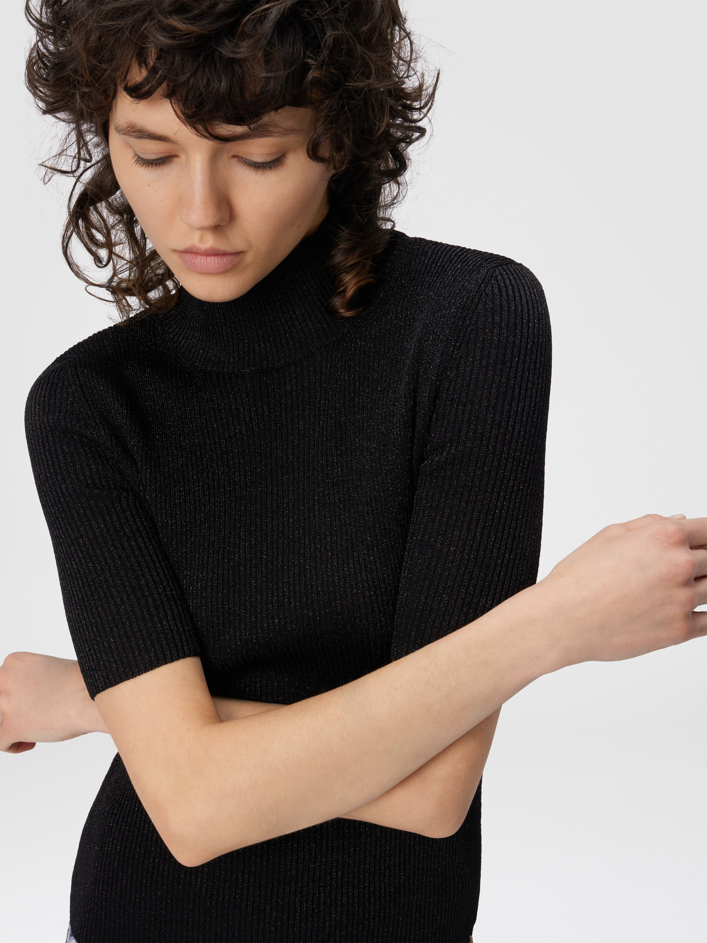 Mock Neck Sweater with Lamé Threads, Black - 3