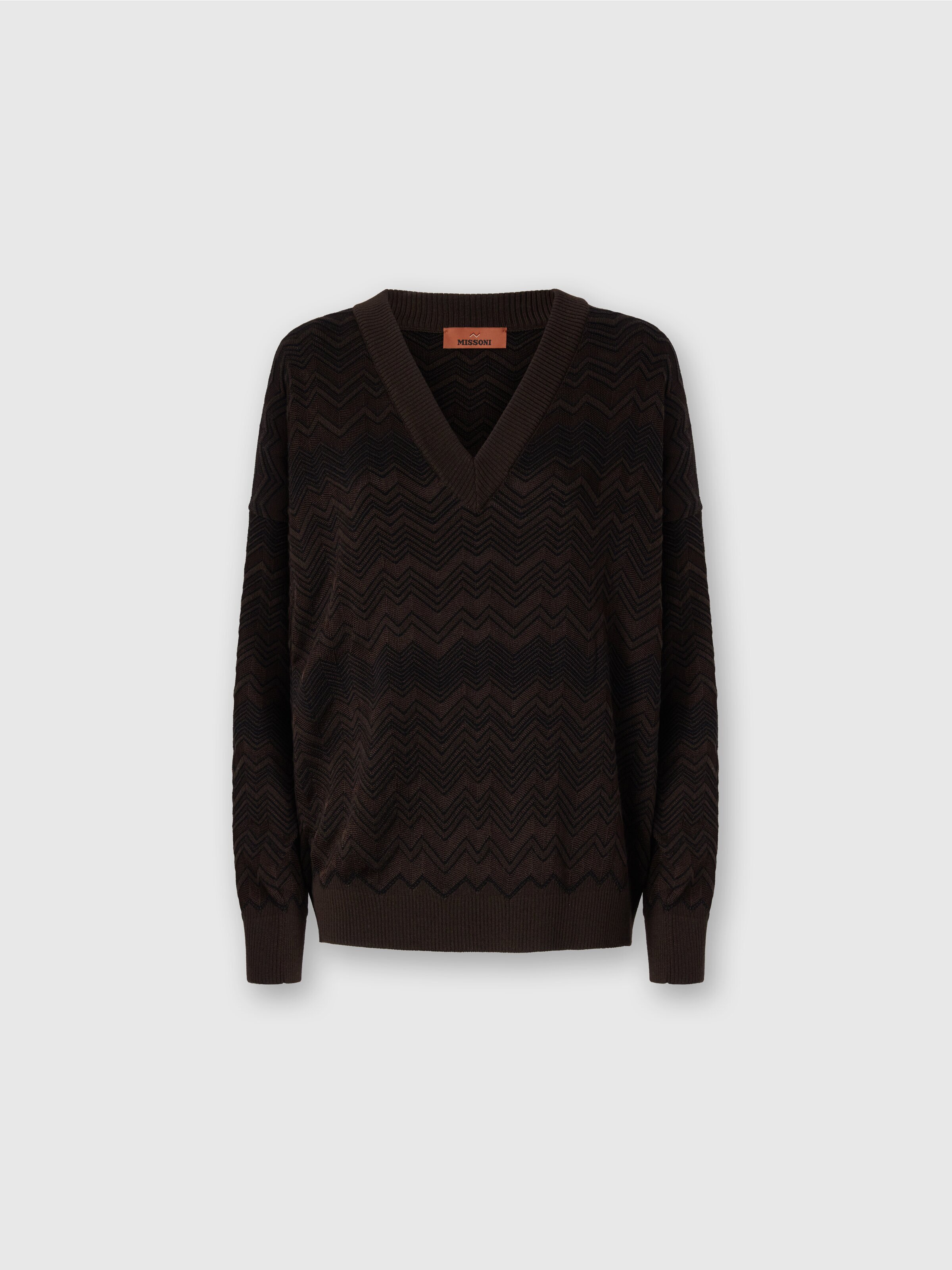 Pull oversize à col en V à motif chevron, Brun - 0