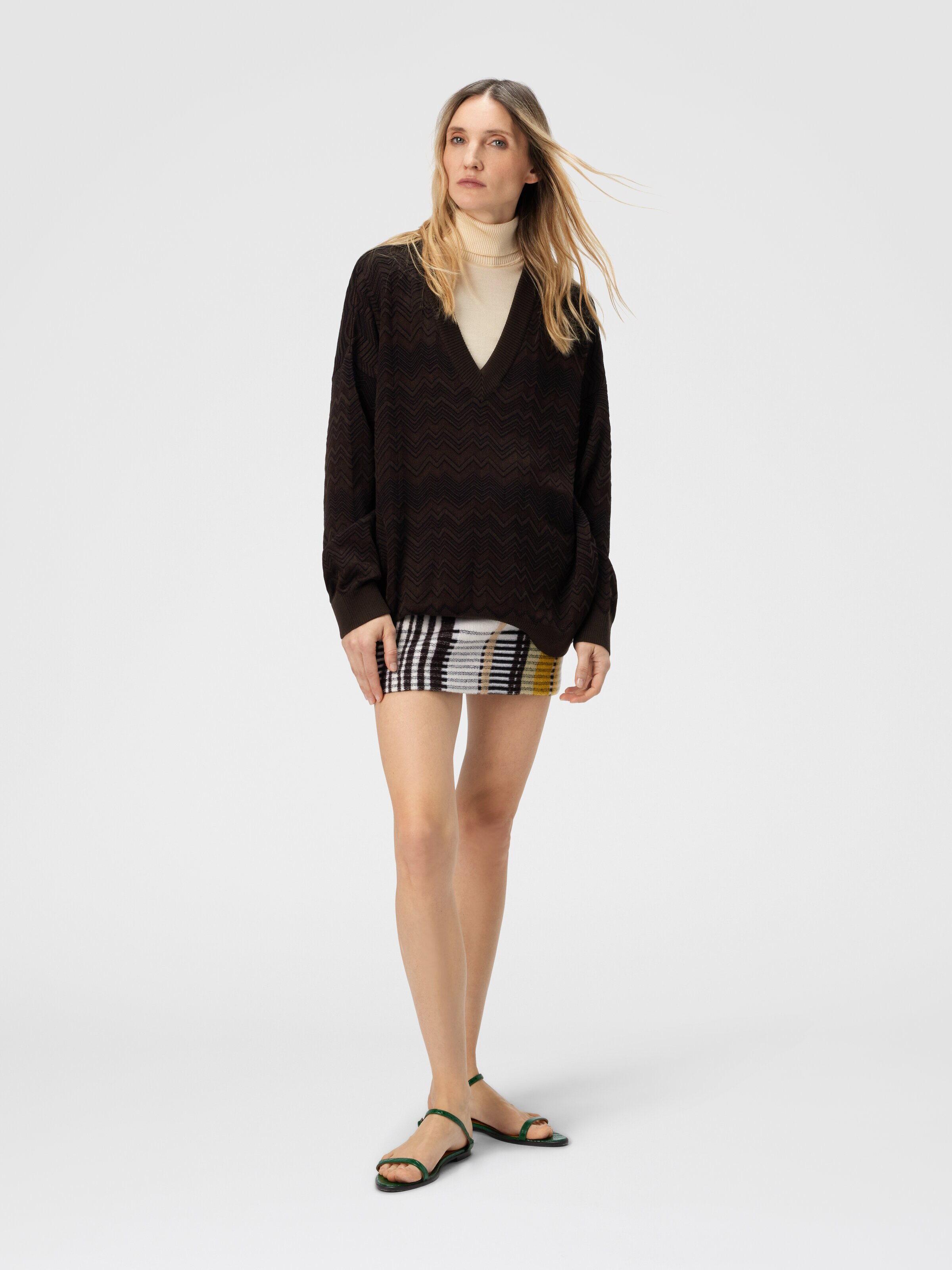 Pull oversize à col en V à motif chevron, Brun - 1