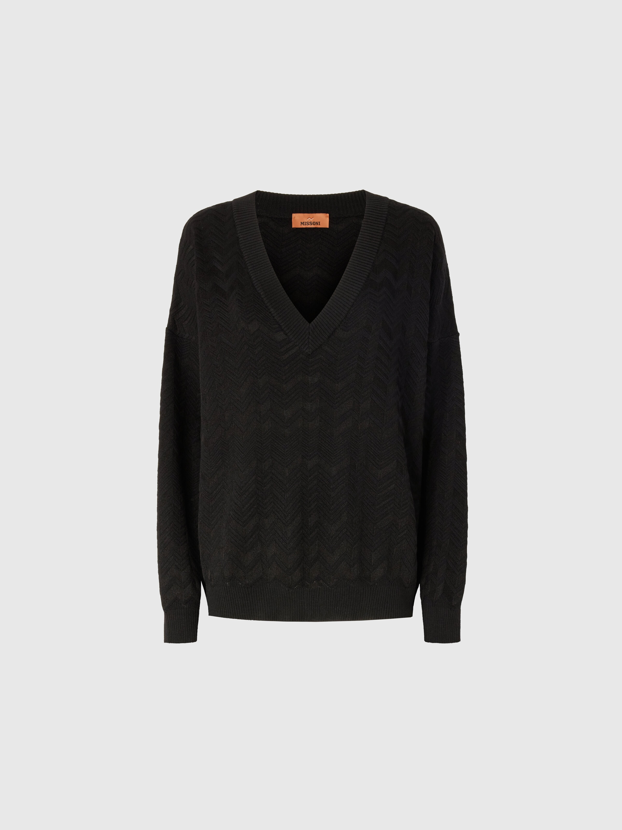 Oversized V-Neck Sweater in Chevron Pattern, Black - 0