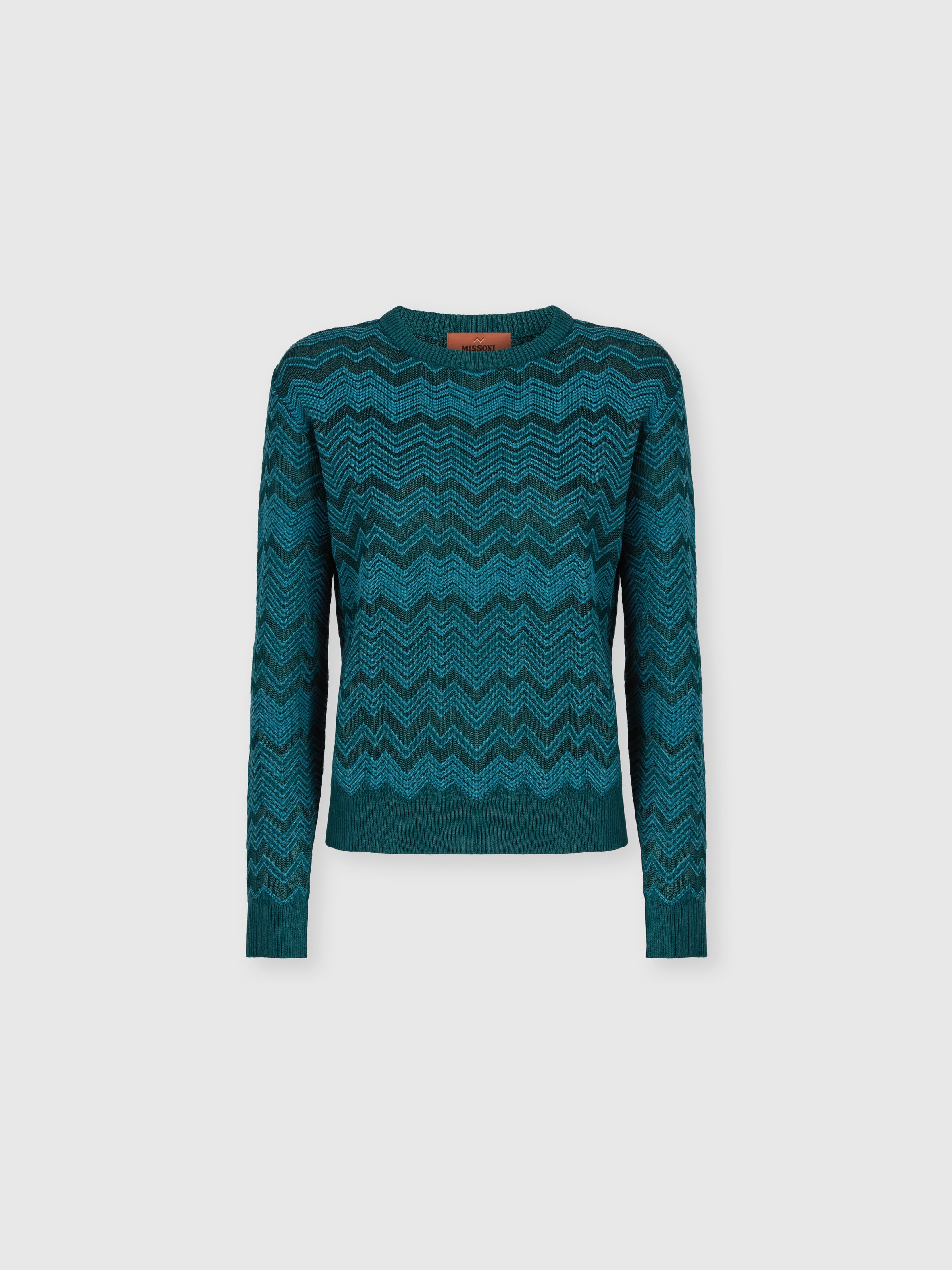 Crew neck sweater with chevron pattern, Green - 0