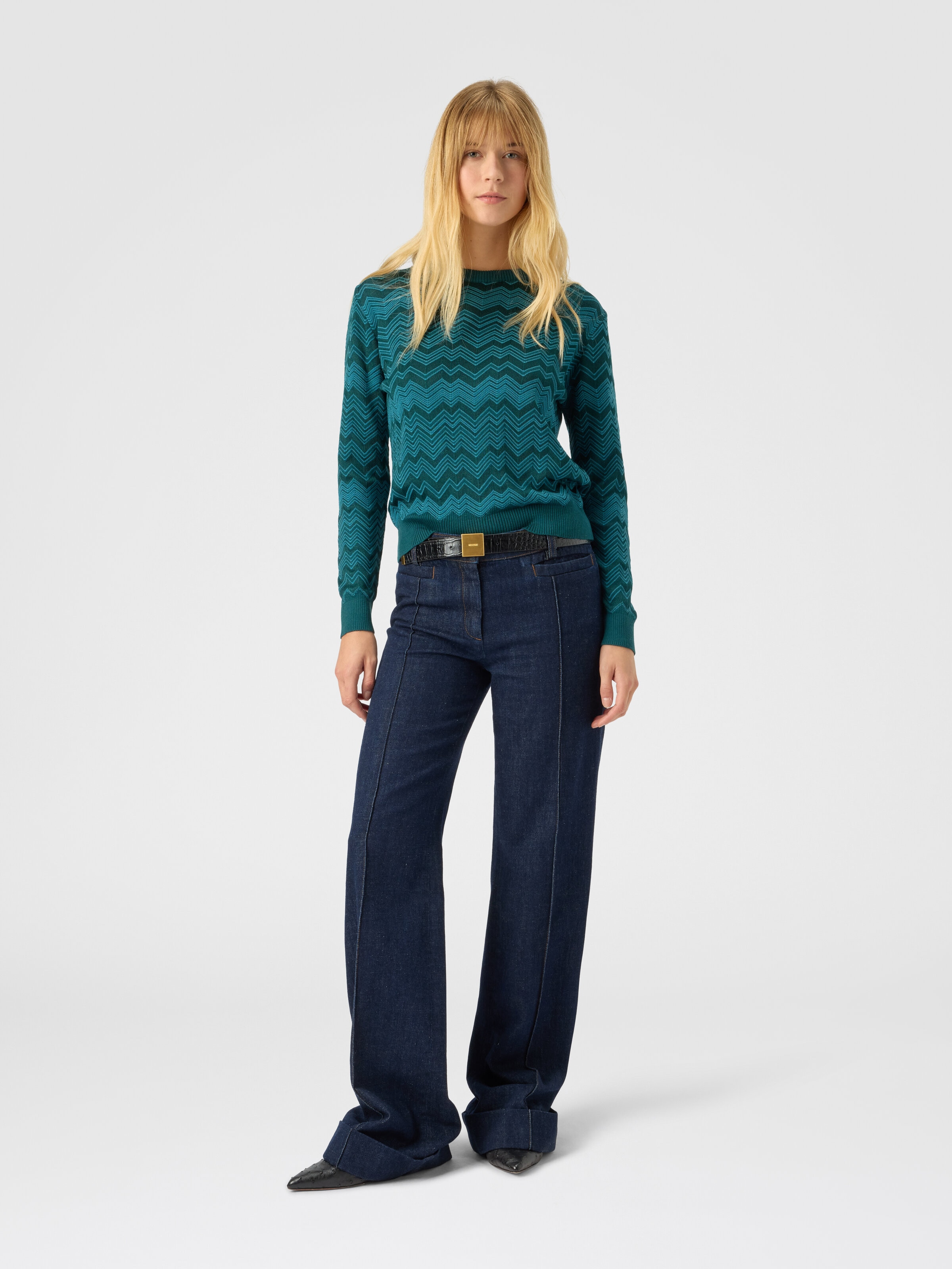 Crew neck sweater with chevron pattern, Green - 1