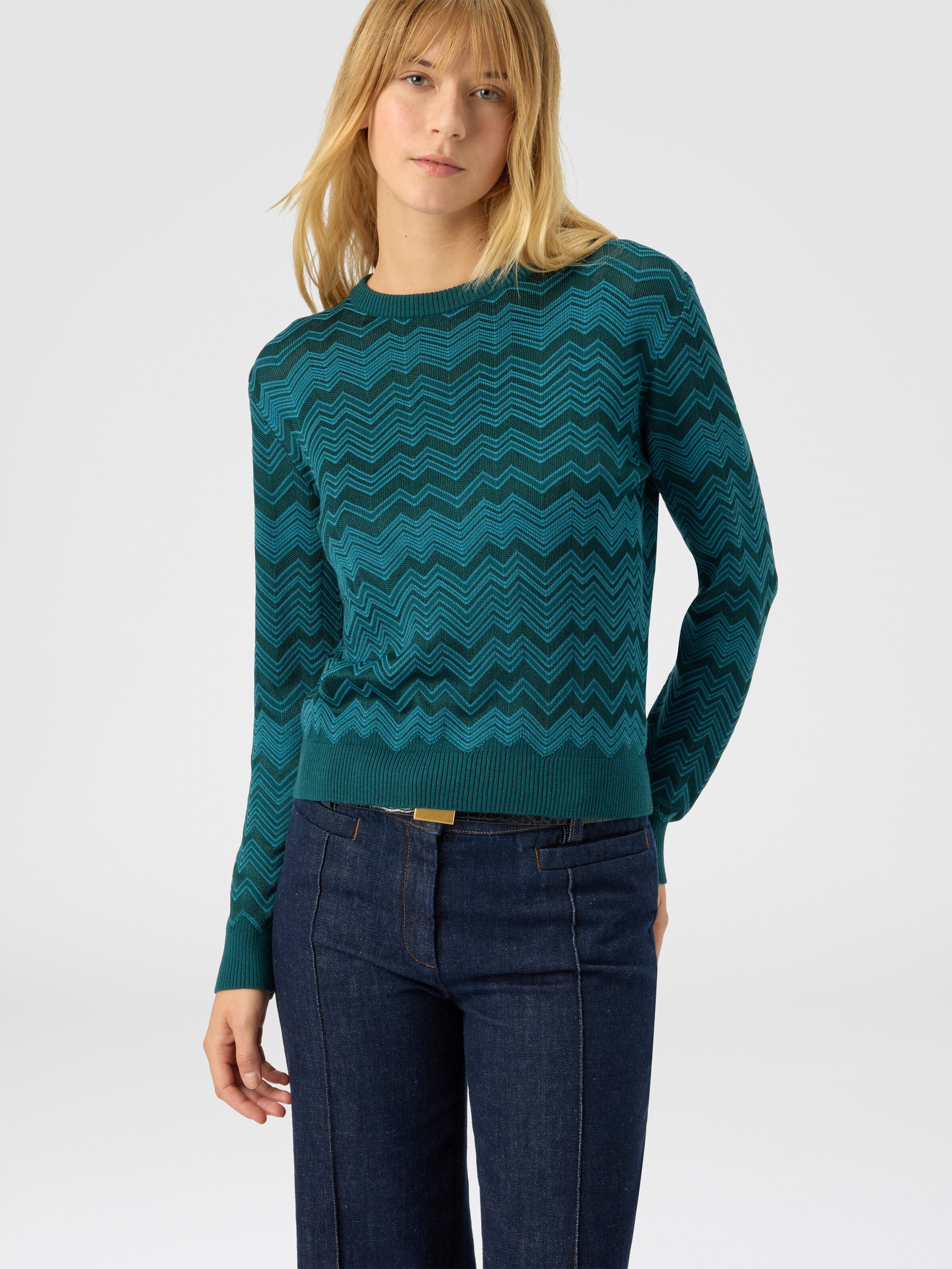 Crew neck sweater with chevron pattern, Green - 3