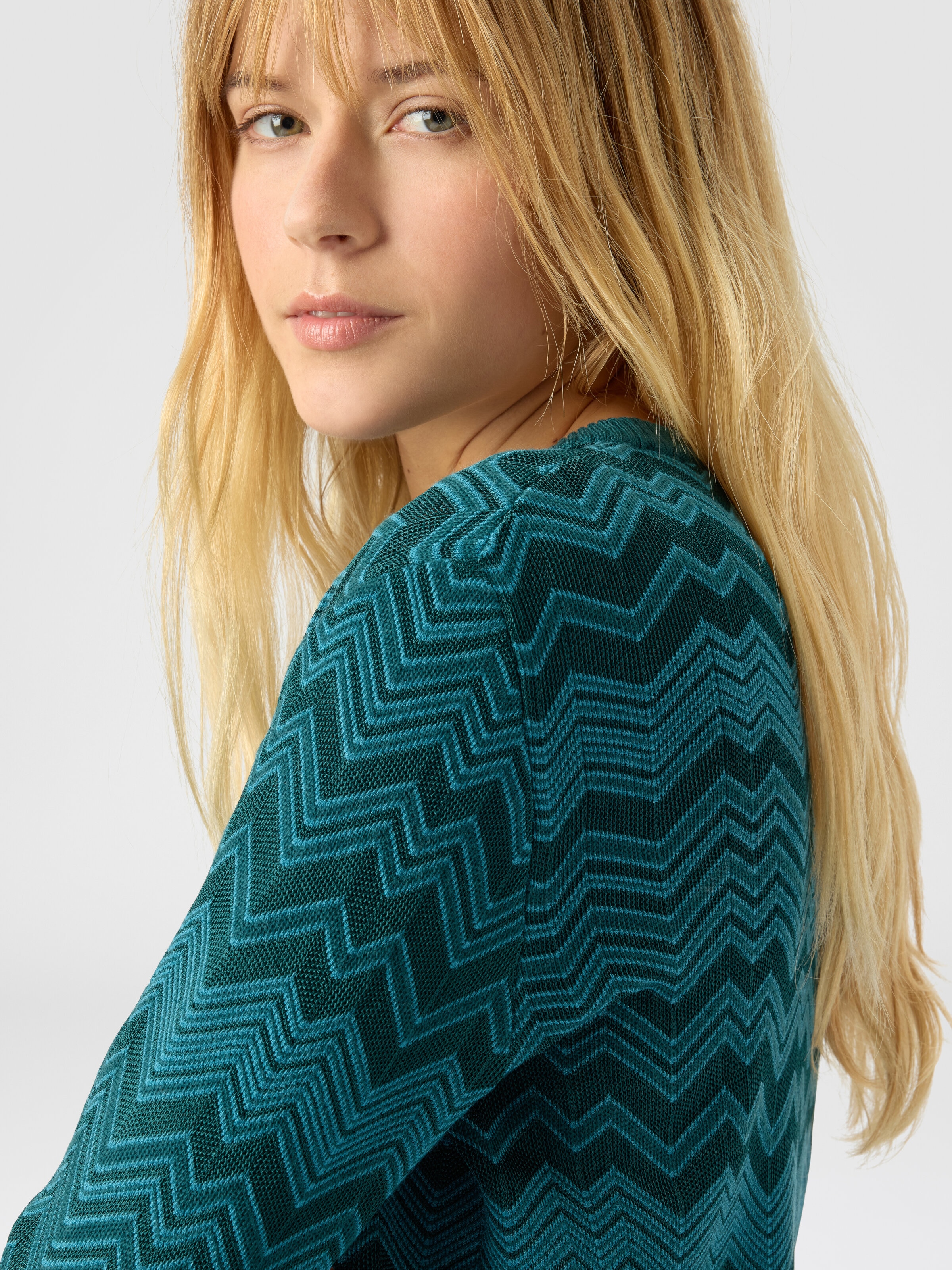 Crew neck sweater with chevron pattern, Green - 4
