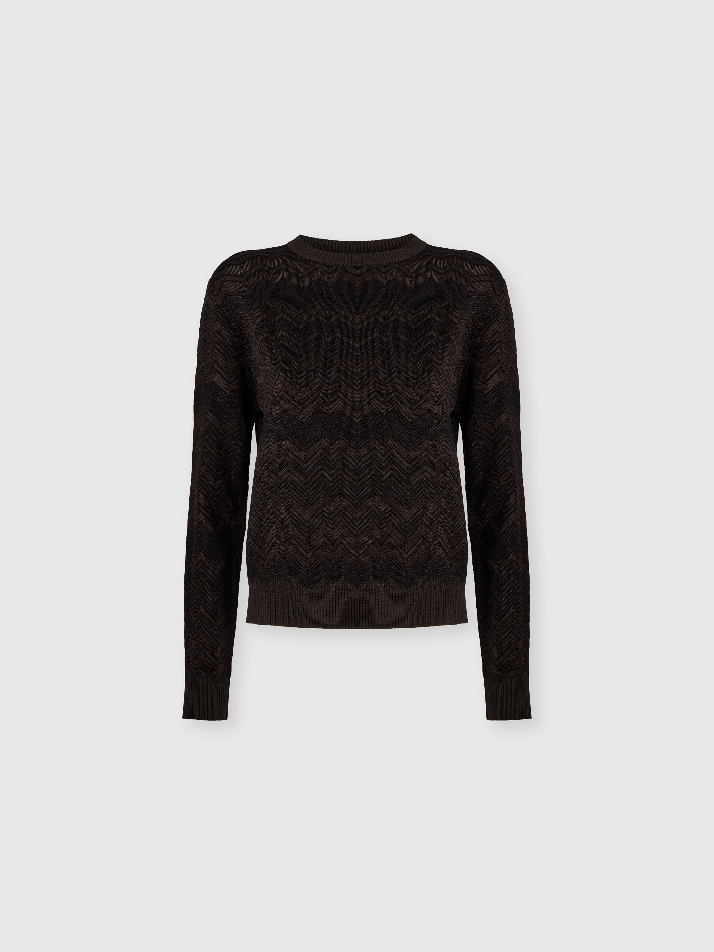 Crew neck sweater with chevron pattern, Brown - 0